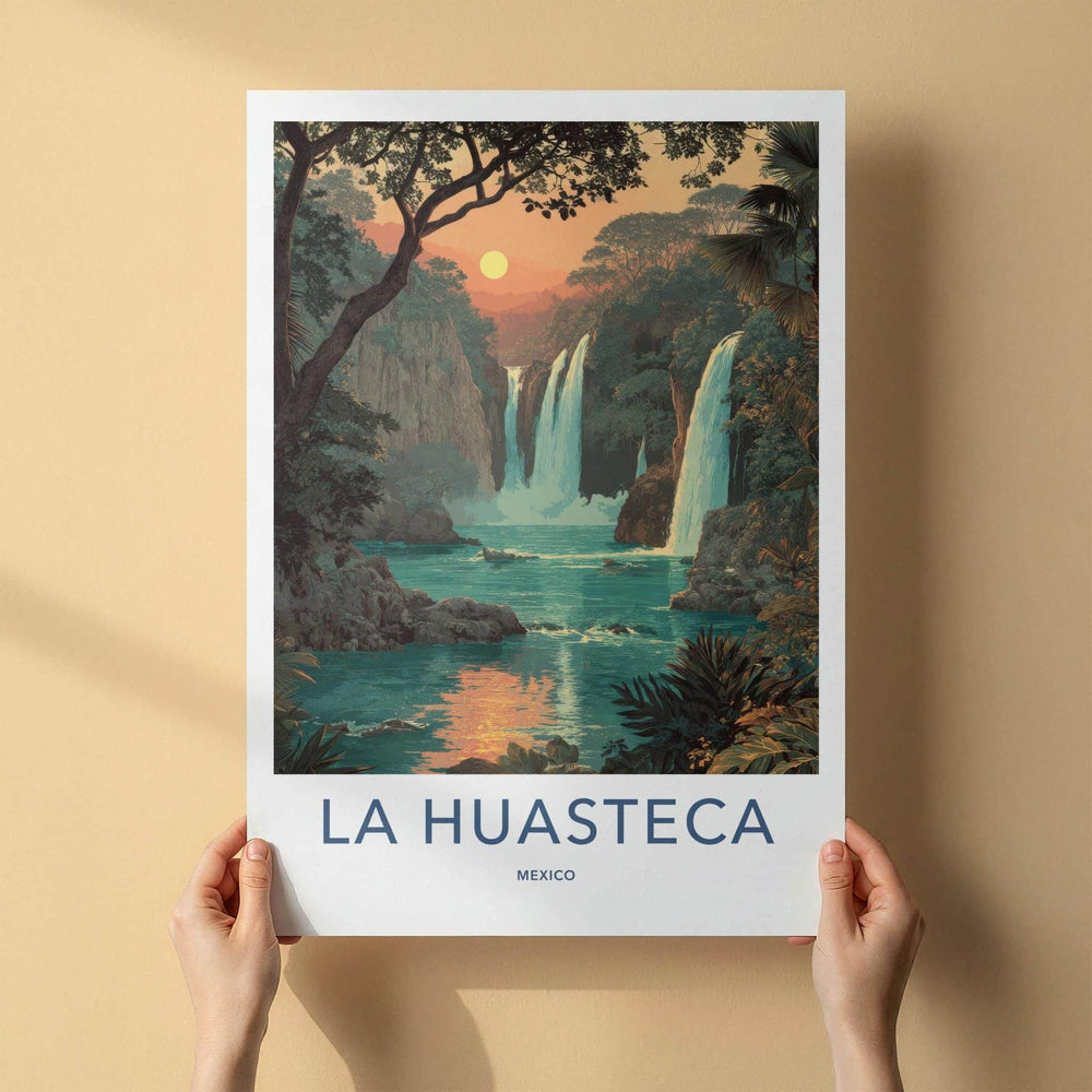 LA HUASTECA Poster - Mexico Travel Art - Tropical Waterfall Scene Home Decor
