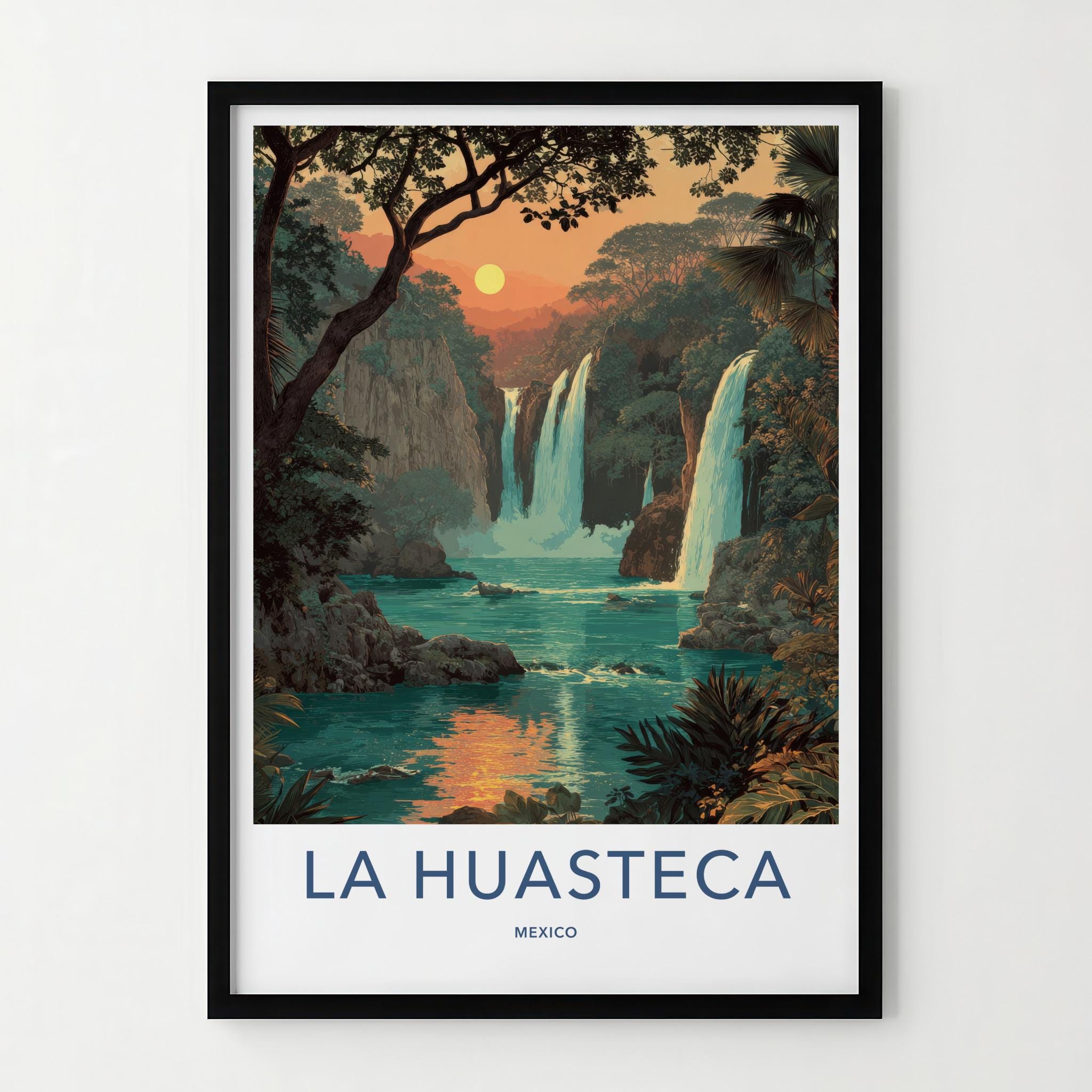 LA HUASTECA Poster - Mexico Travel Art - Tropical Waterfall Scene Home Decor