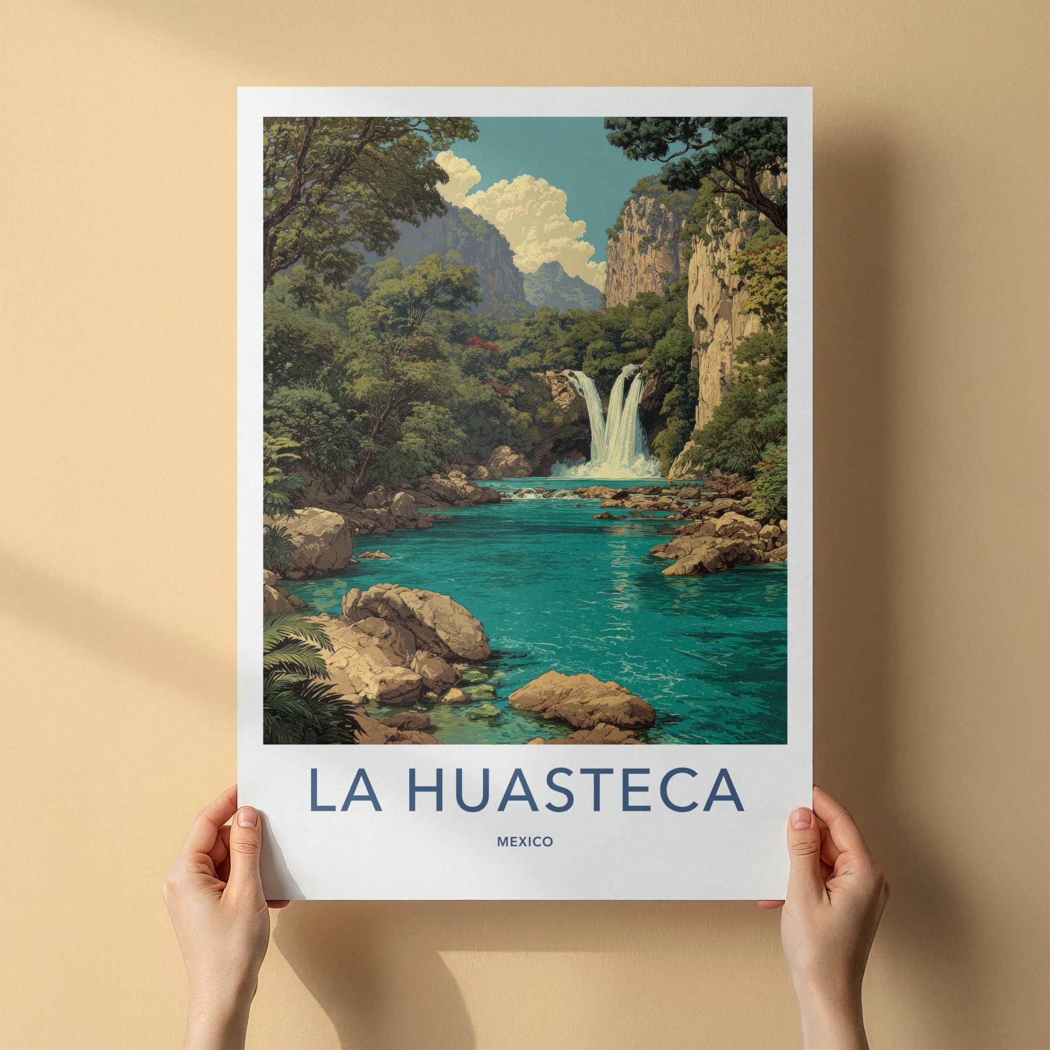 La Huasteca Poster - Mexico Travel Art - Turquoise Water Falls Home Decor