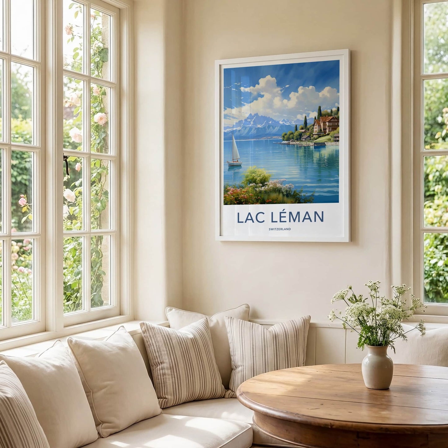 Lac Leman Poster - Switzerland Travel Art - Alpine Lake Sailboat Home Decor