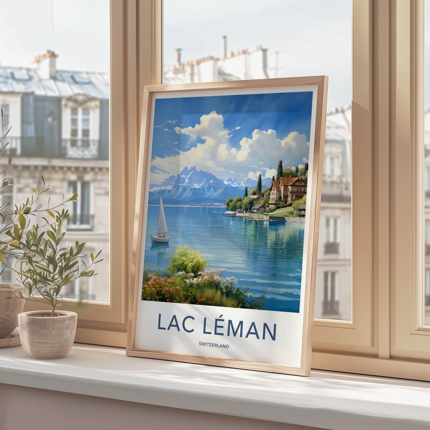 Lac Leman Poster - Switzerland Travel Art - Alpine Lake Sailboat Home Decor
