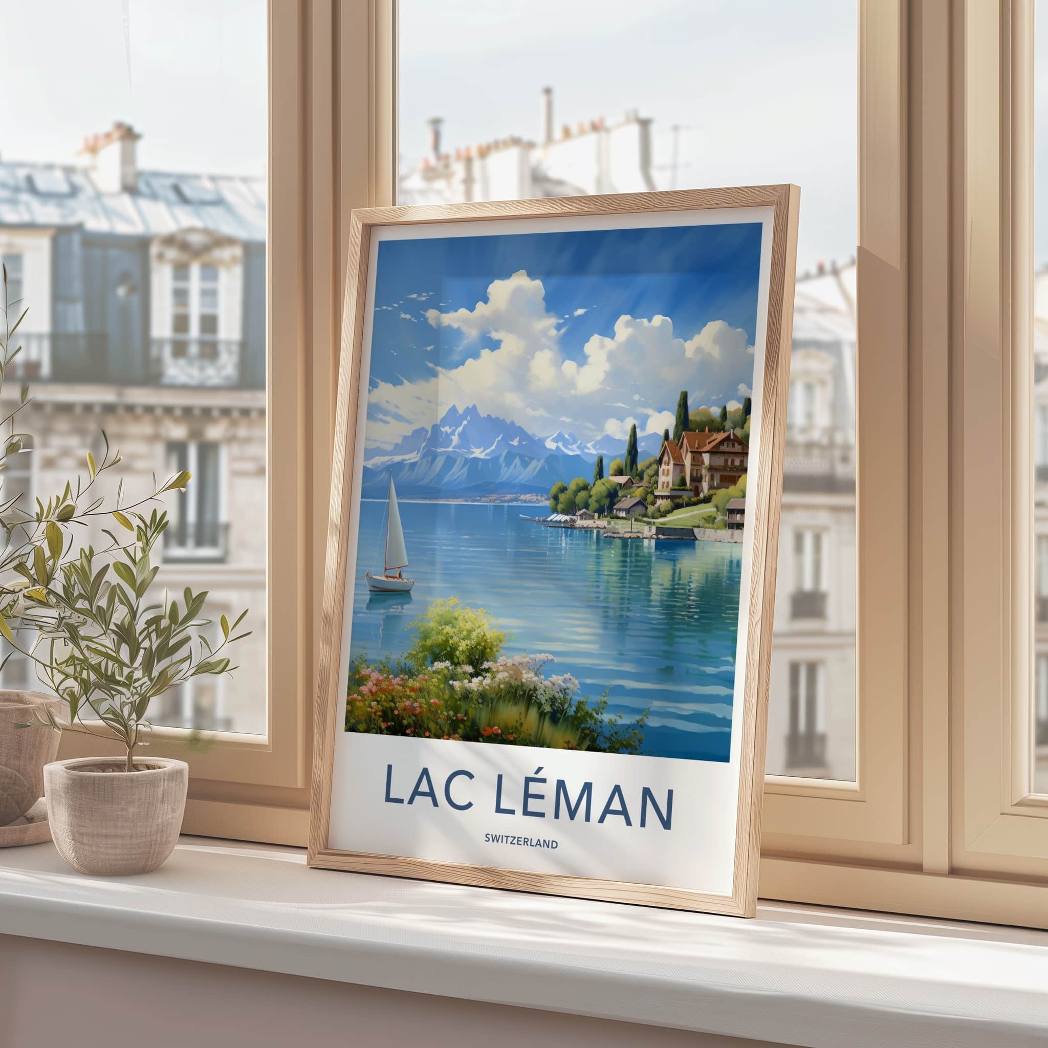 Lac Leman Poster - Switzerland Travel Art - Alpine Lake Sailboat Home Decor