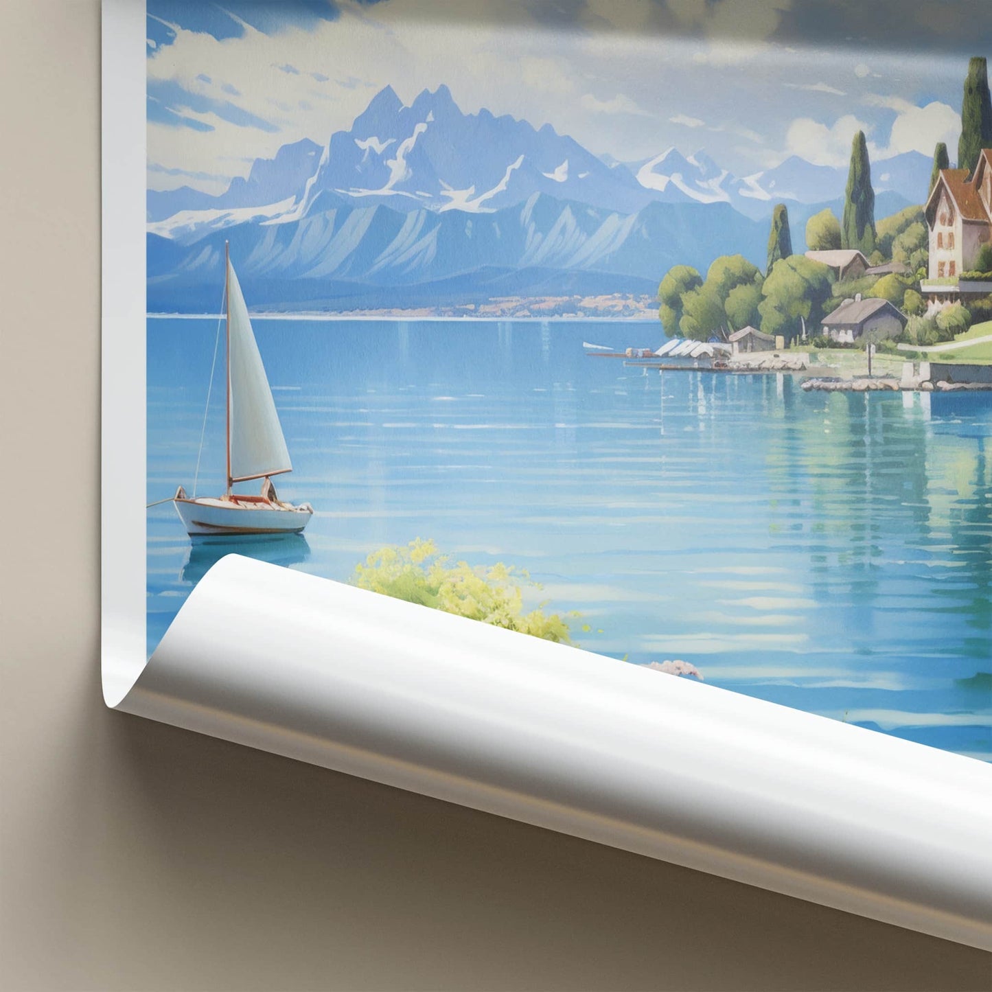 Lac Leman Poster - Switzerland Travel Art - Alpine Lake Sailboat Home Decor