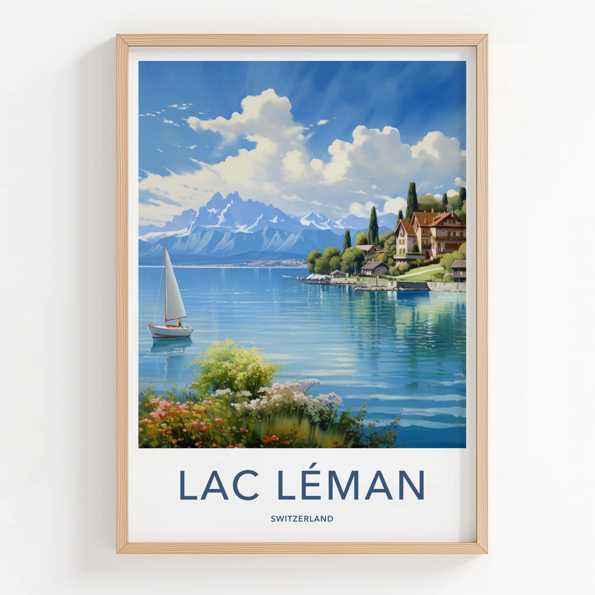Lac Leman Poster - Switzerland Travel Art - Alpine Lake Sailboat Home Decor