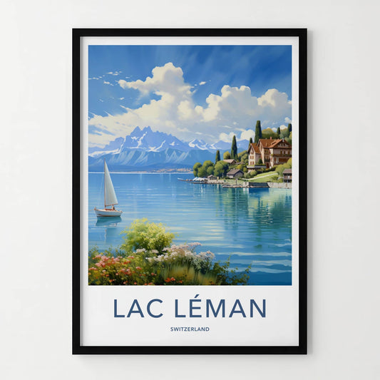 Lac Leman Poster - Switzerland Travel Art - Alpine Lake Sailboat Home Decor