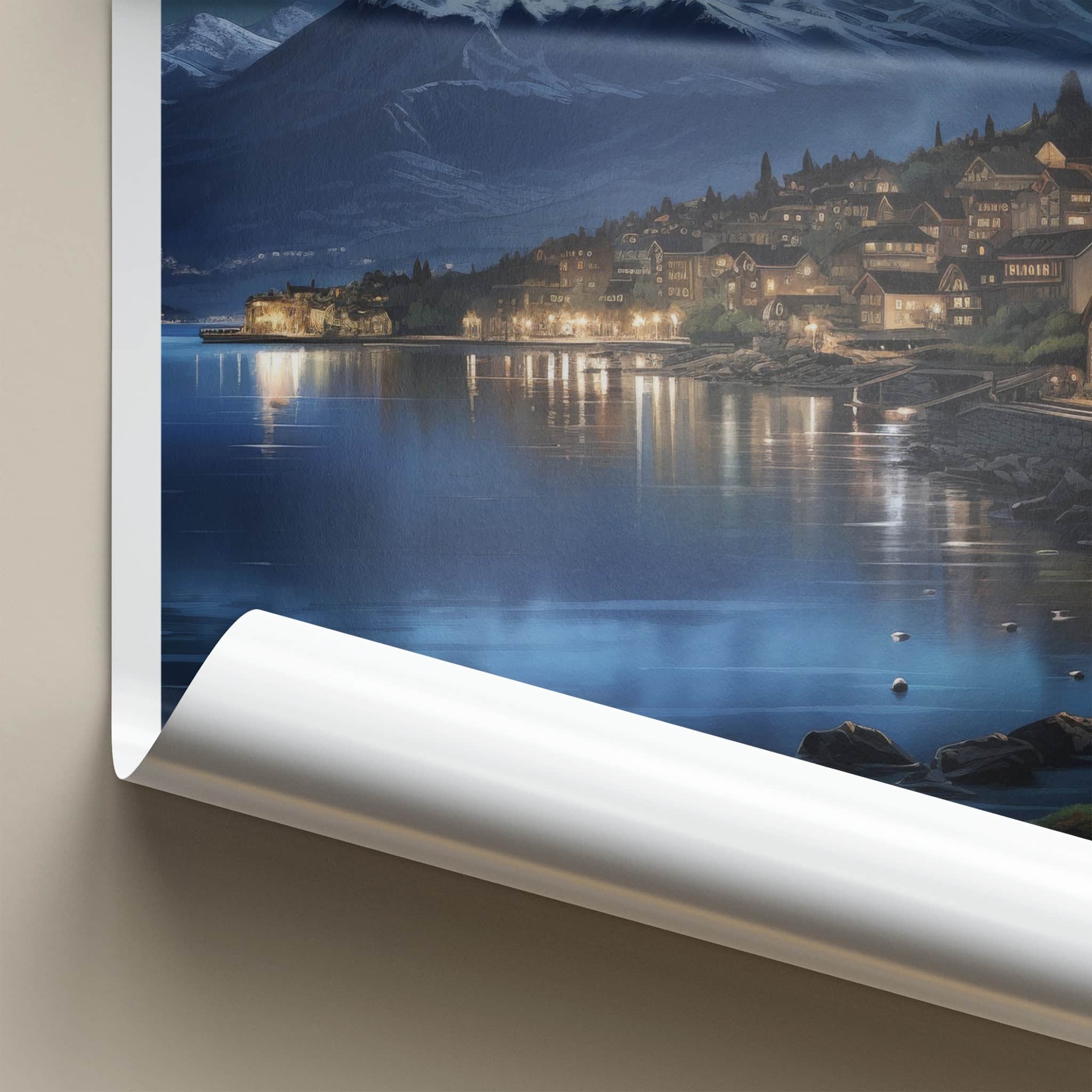 Lac Leman Poster - Switzerland Travel Art - Illuminated Mountain Village Home Decor