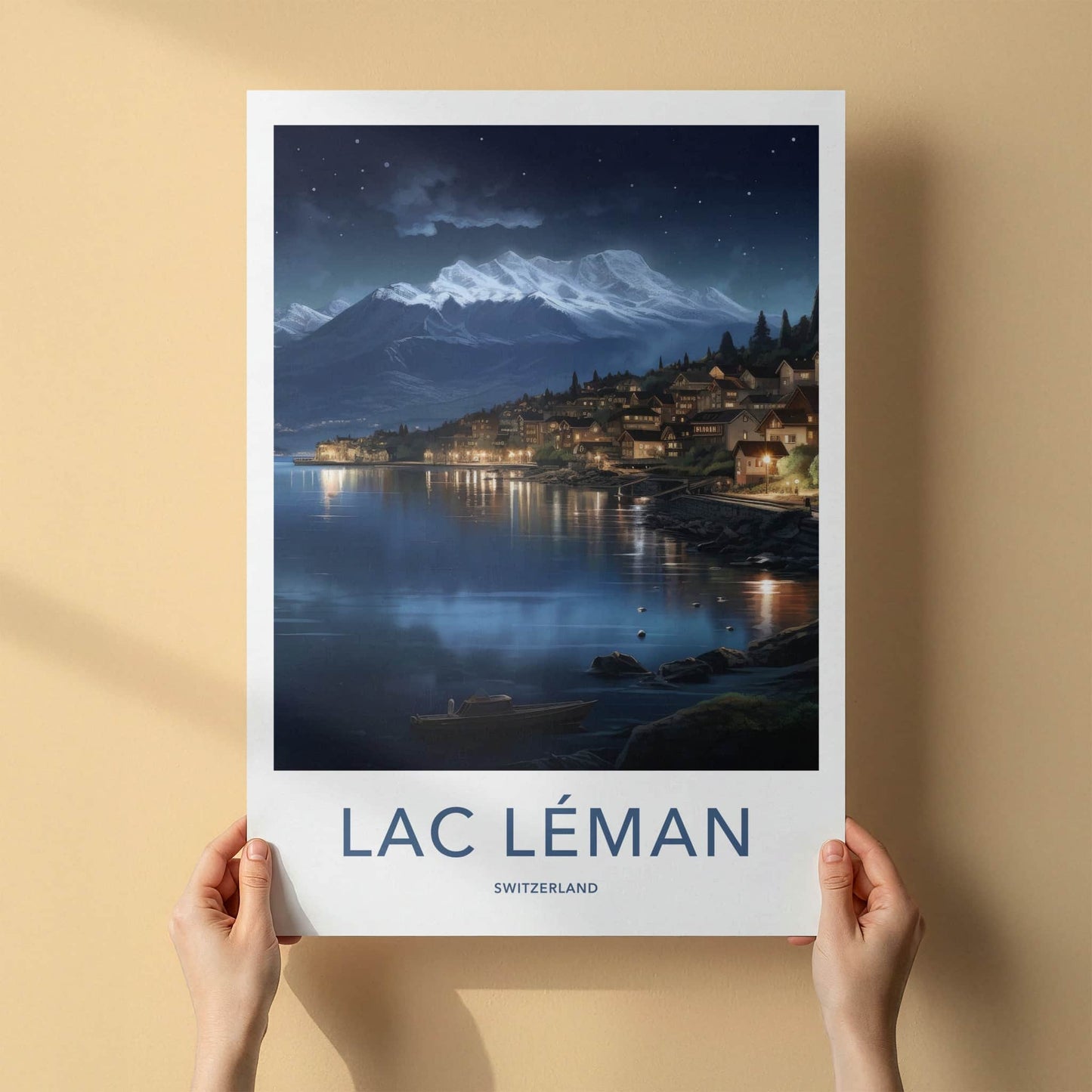 Lac Leman Poster - Switzerland Travel Art - Illuminated Mountain Village Home Decor