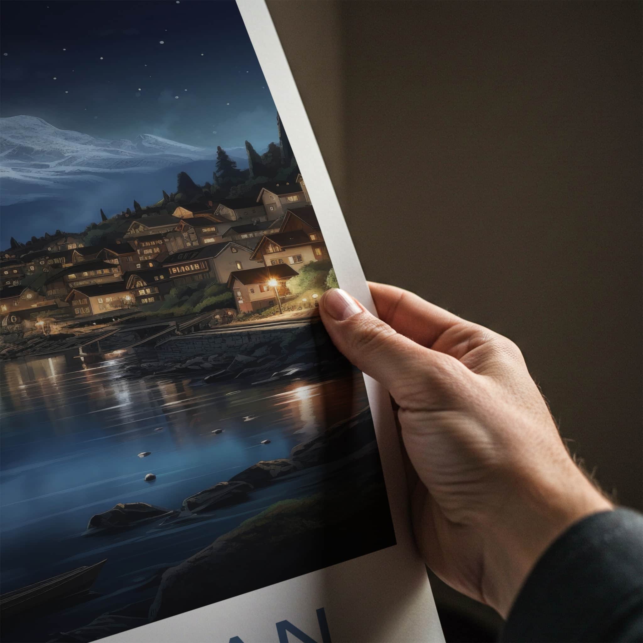 Lac Leman Poster - Switzerland Travel Art - Illuminated Mountain Village Home Decor