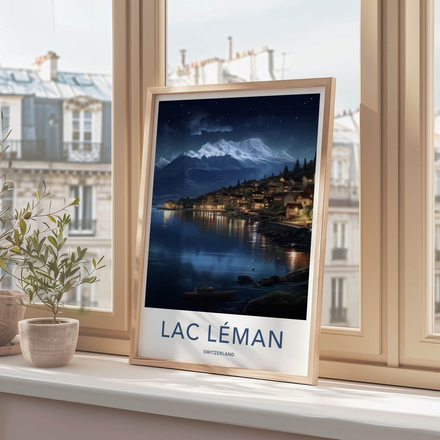 Lac Leman Poster - Switzerland Travel Art - Illuminated Mountain Village Home Decor