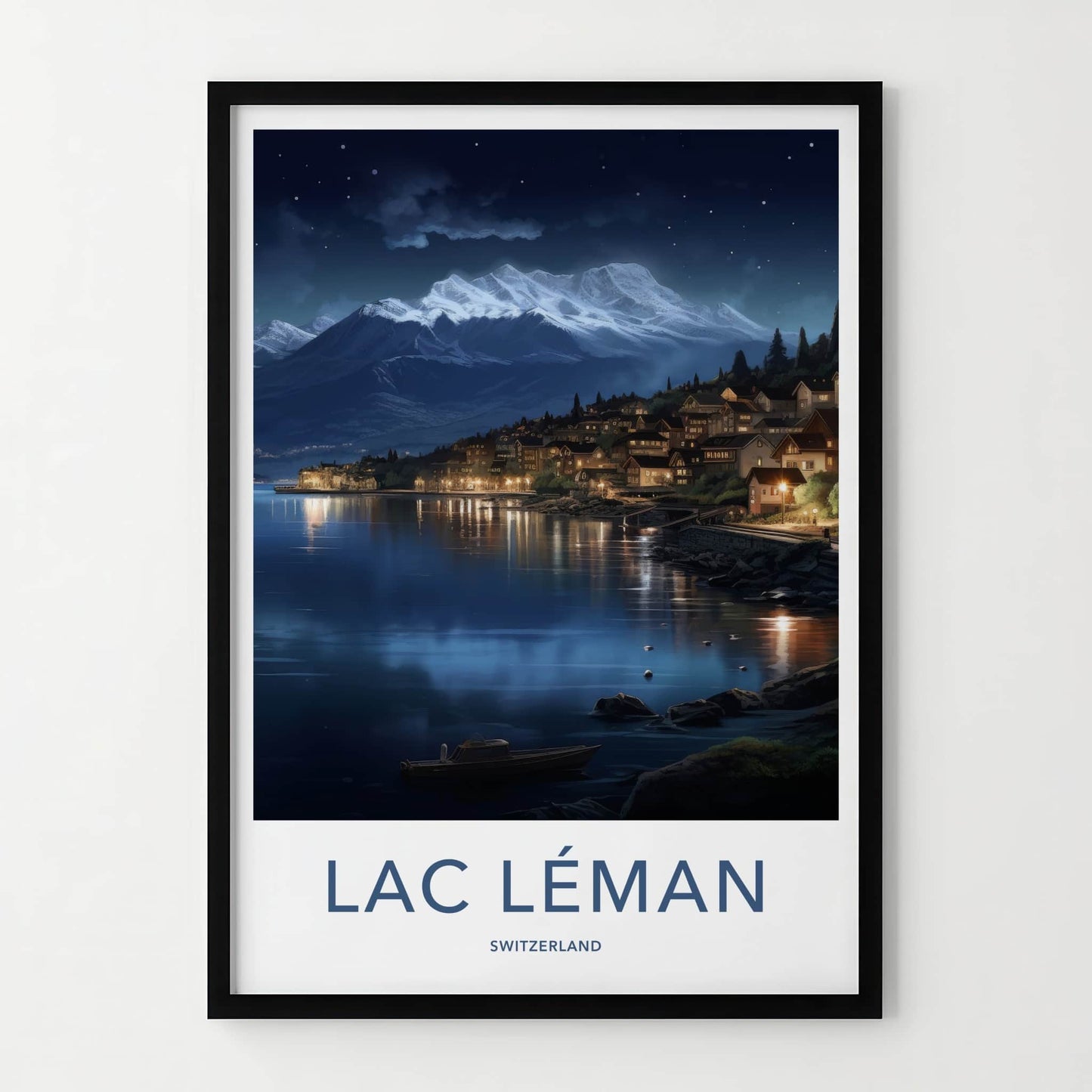 Lac Leman Poster - Switzerland Travel Art - Illuminated Mountain Village Home Decor
