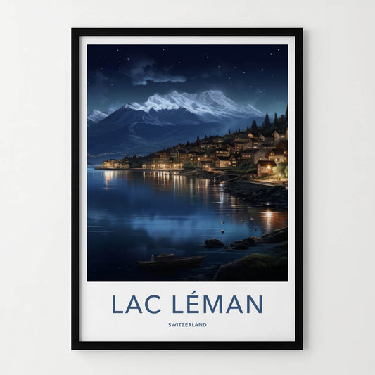 Lac Leman Poster - Switzerland Travel Art - Illuminated Mountain Village Home Decor