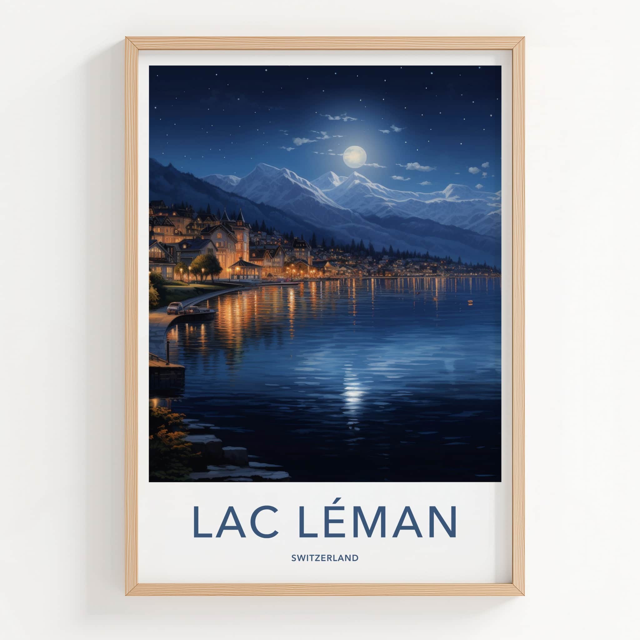 Lac Leman Poster - Switzerland Travel Art - Moonlit Lake Village Home Decor