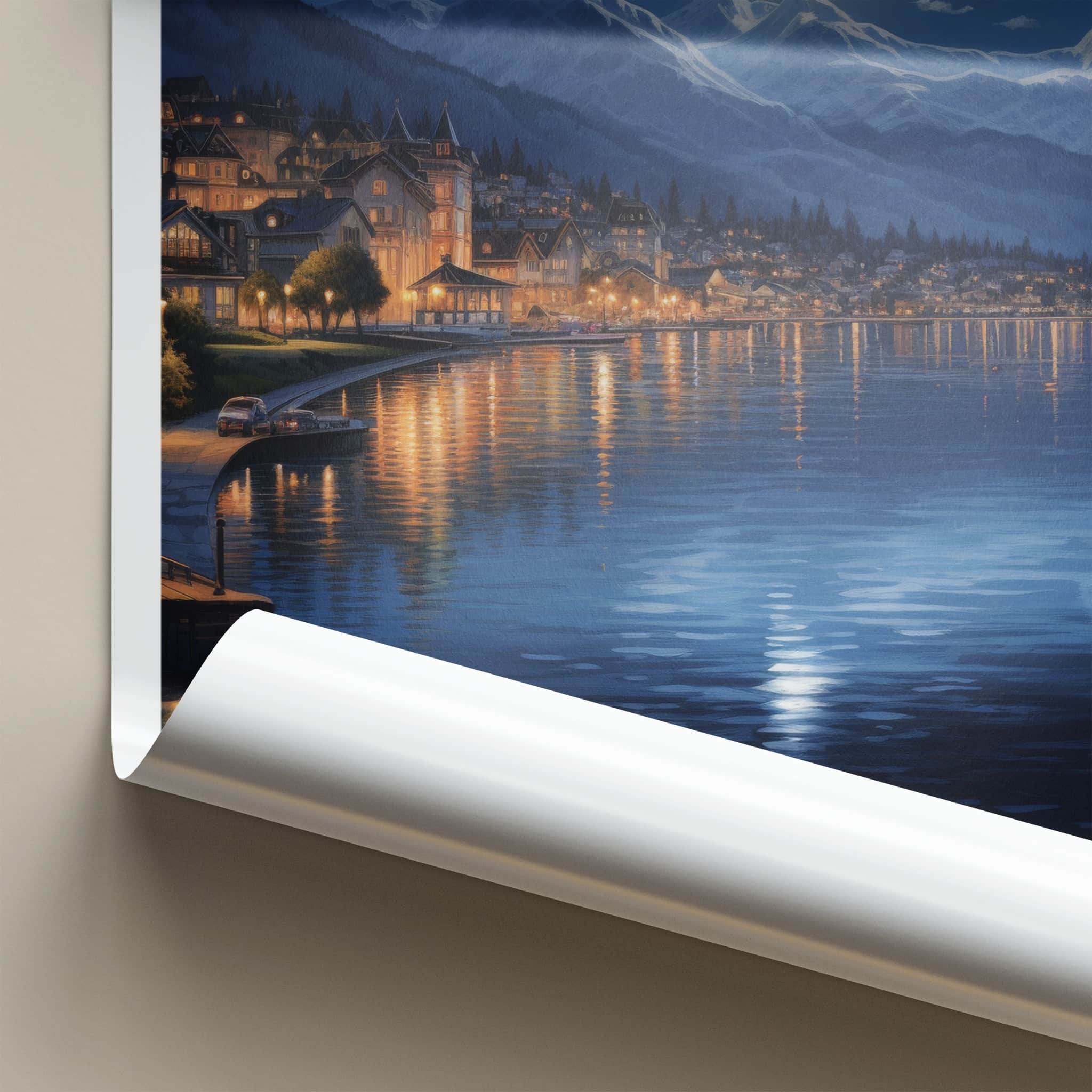 Lac Leman Poster - Switzerland Travel Art - Moonlit Lake Village Home Decor