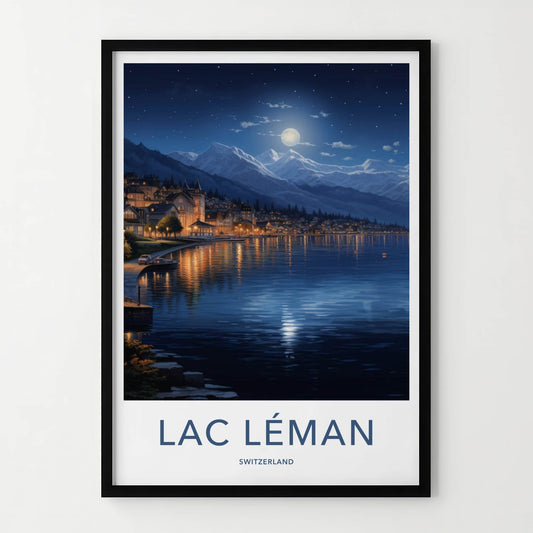 Lac Leman Poster - Switzerland Travel Art - Moonlit Lake Village Home Decor
