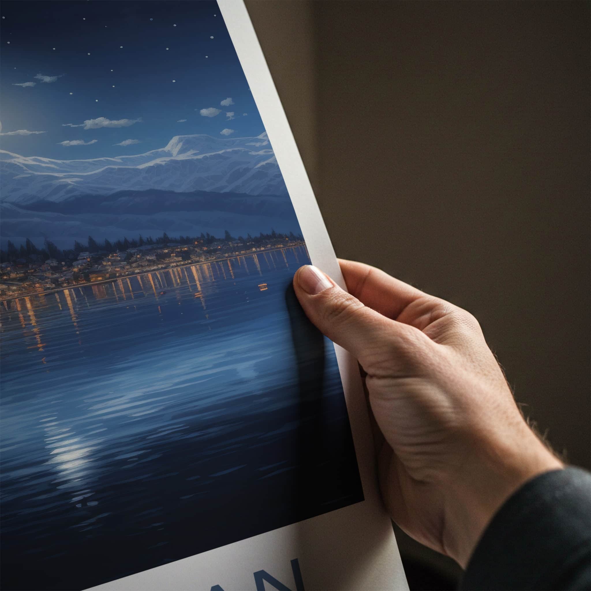 Lac Leman Poster - Switzerland Travel Art - Moonlit Lake Village Home Decor