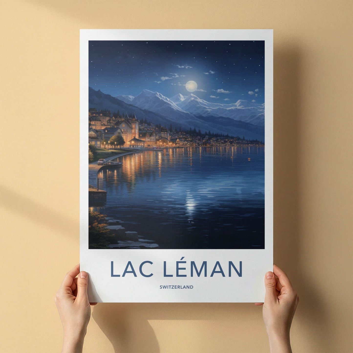 Lac Leman Poster - Switzerland Travel Art - Moonlit Lake Village Home Decor