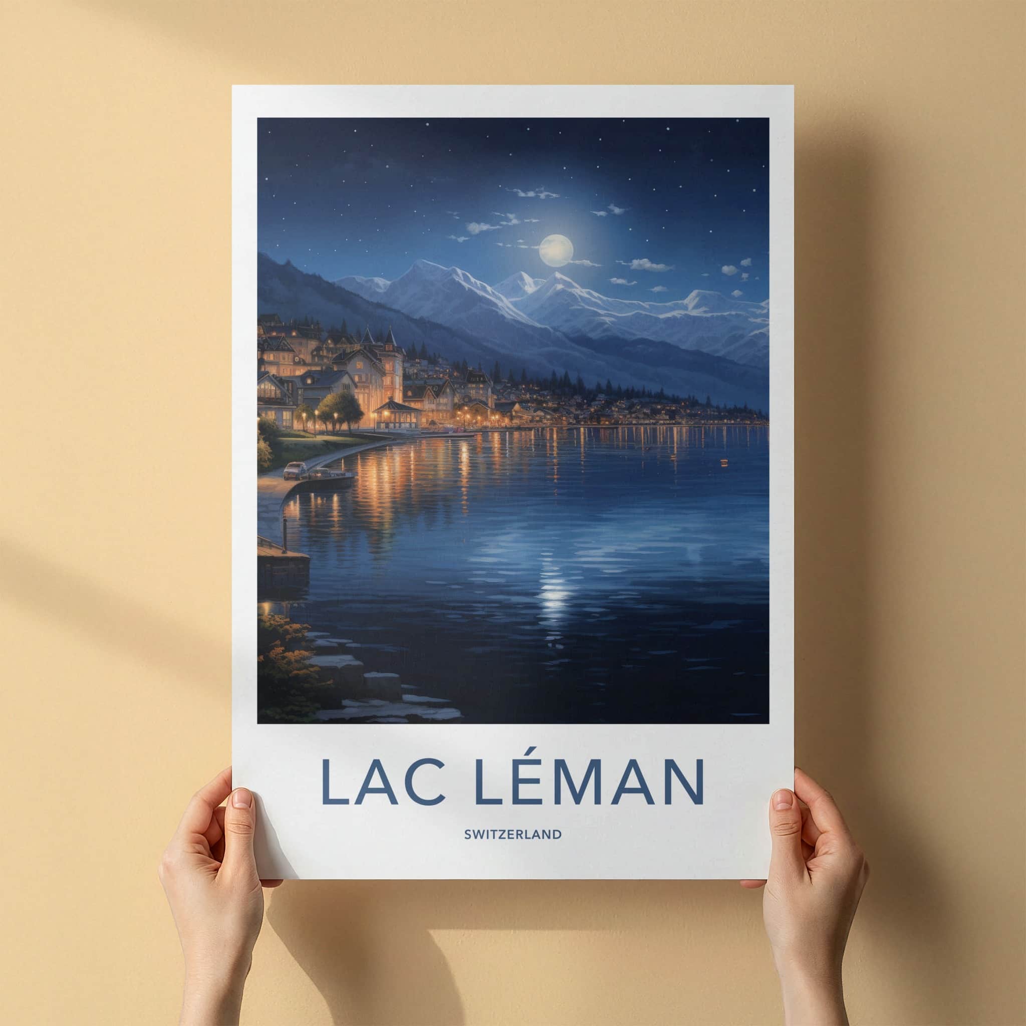 Lac Leman Poster - Switzerland Travel Art - Moonlit Lake Village Home Decor