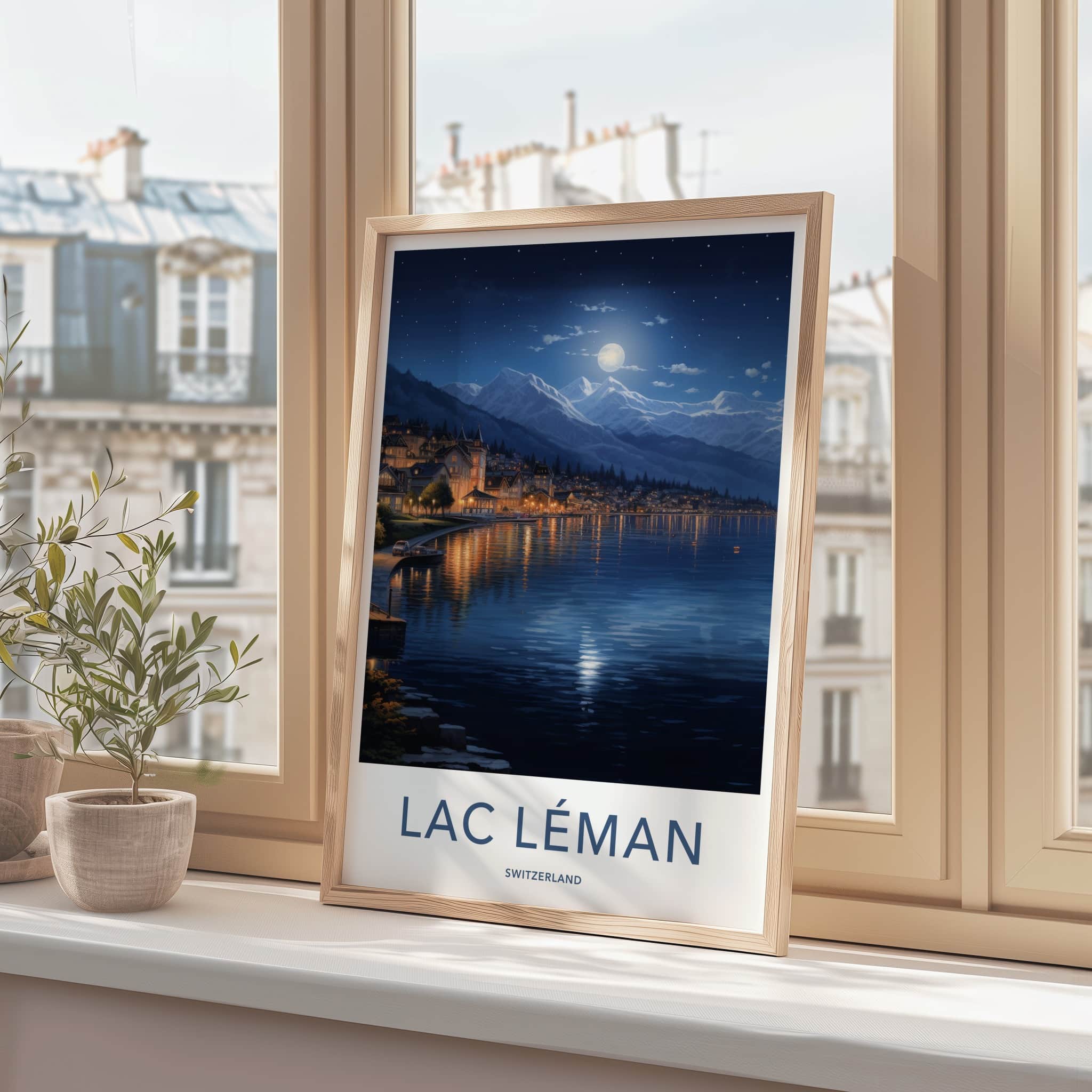 Lac Leman Poster - Switzerland Travel Art - Moonlit Lake Village Home Decor