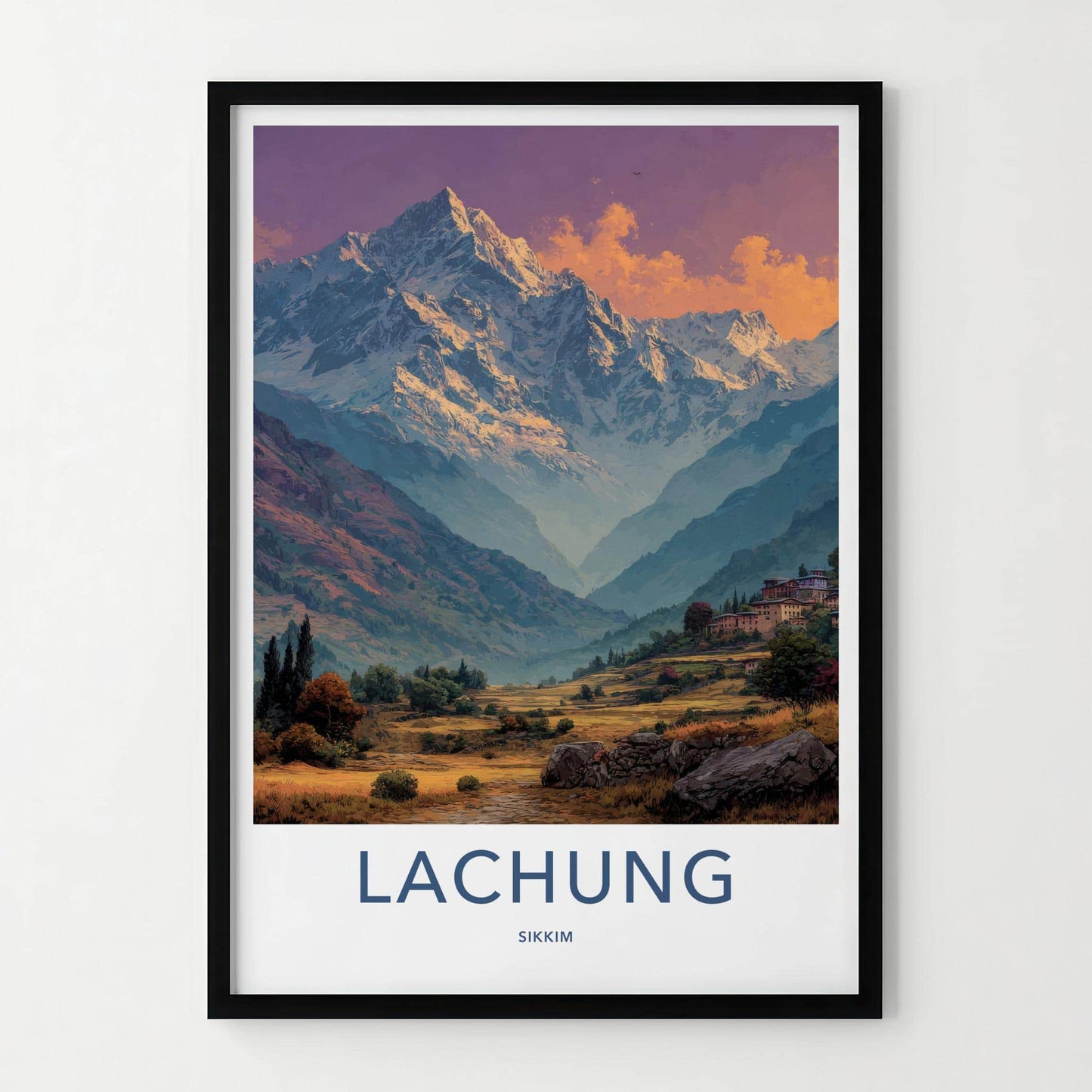 Lachung Poster - India Travel Art - Sikkim Sunrise Mountain Valley Home Decor
