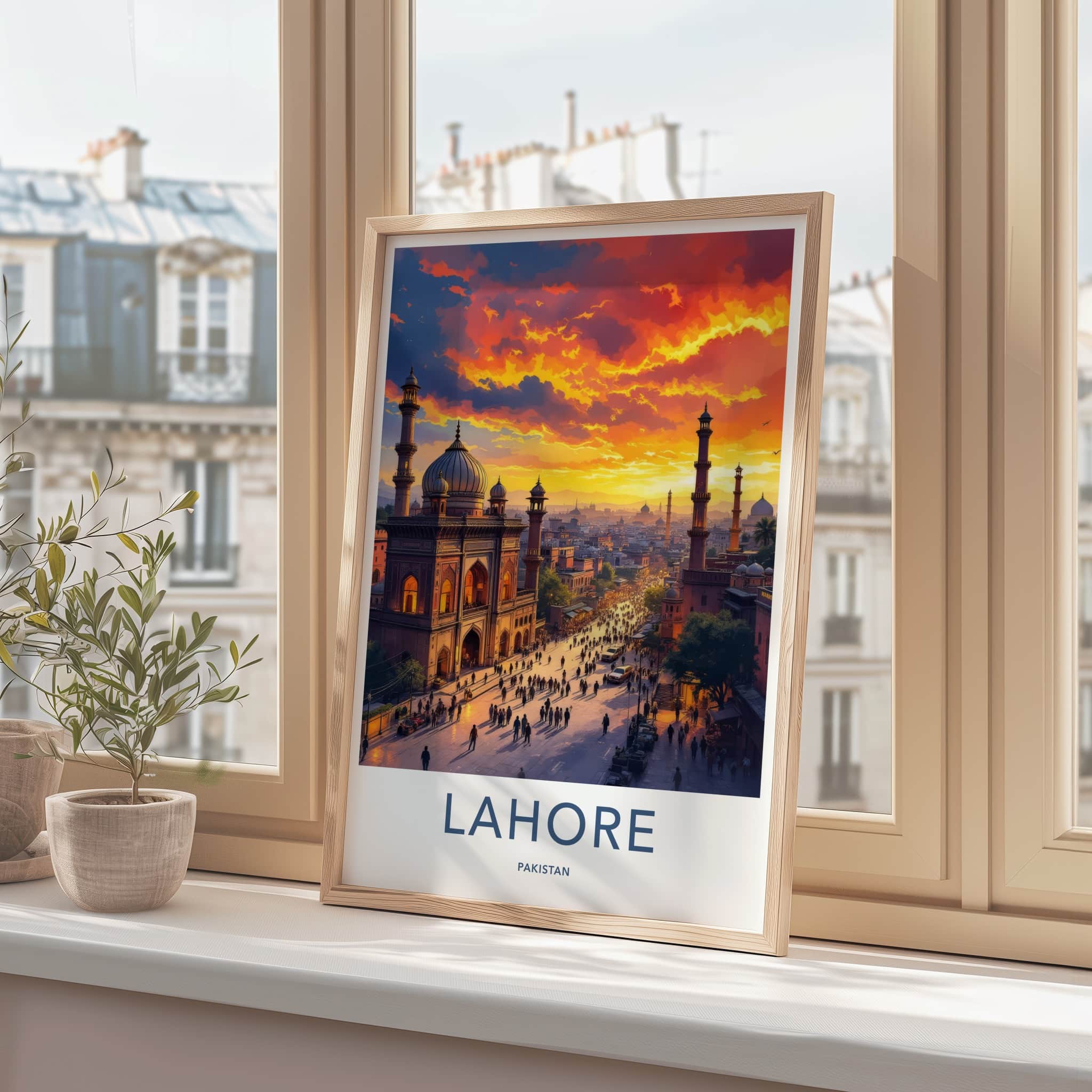 Lahore Poster - Pakistan Travel Art - Fiery Sunset Mosque Home Decor