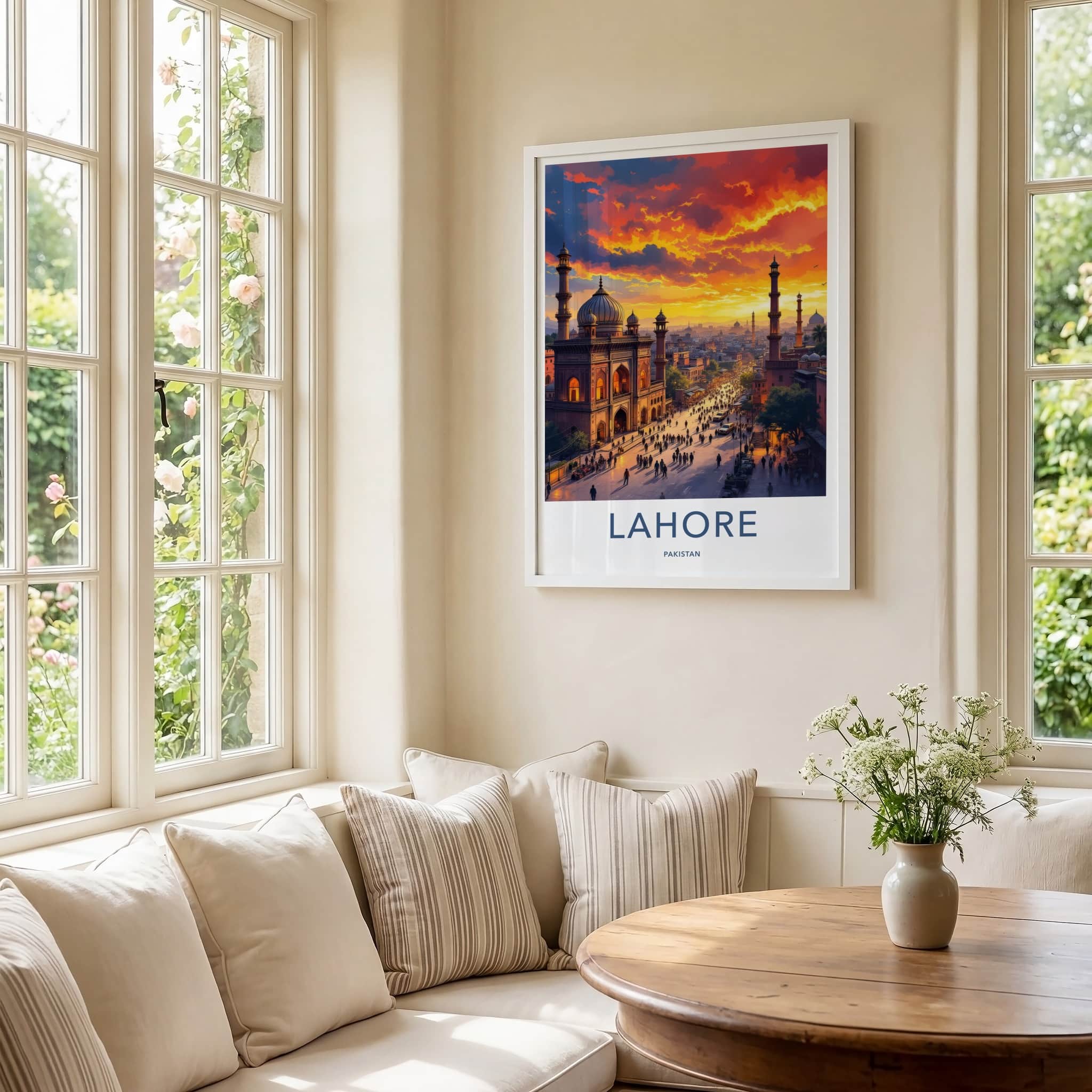Lahore Poster - Pakistan Travel Art - Fiery Sunset Mosque Home Decor