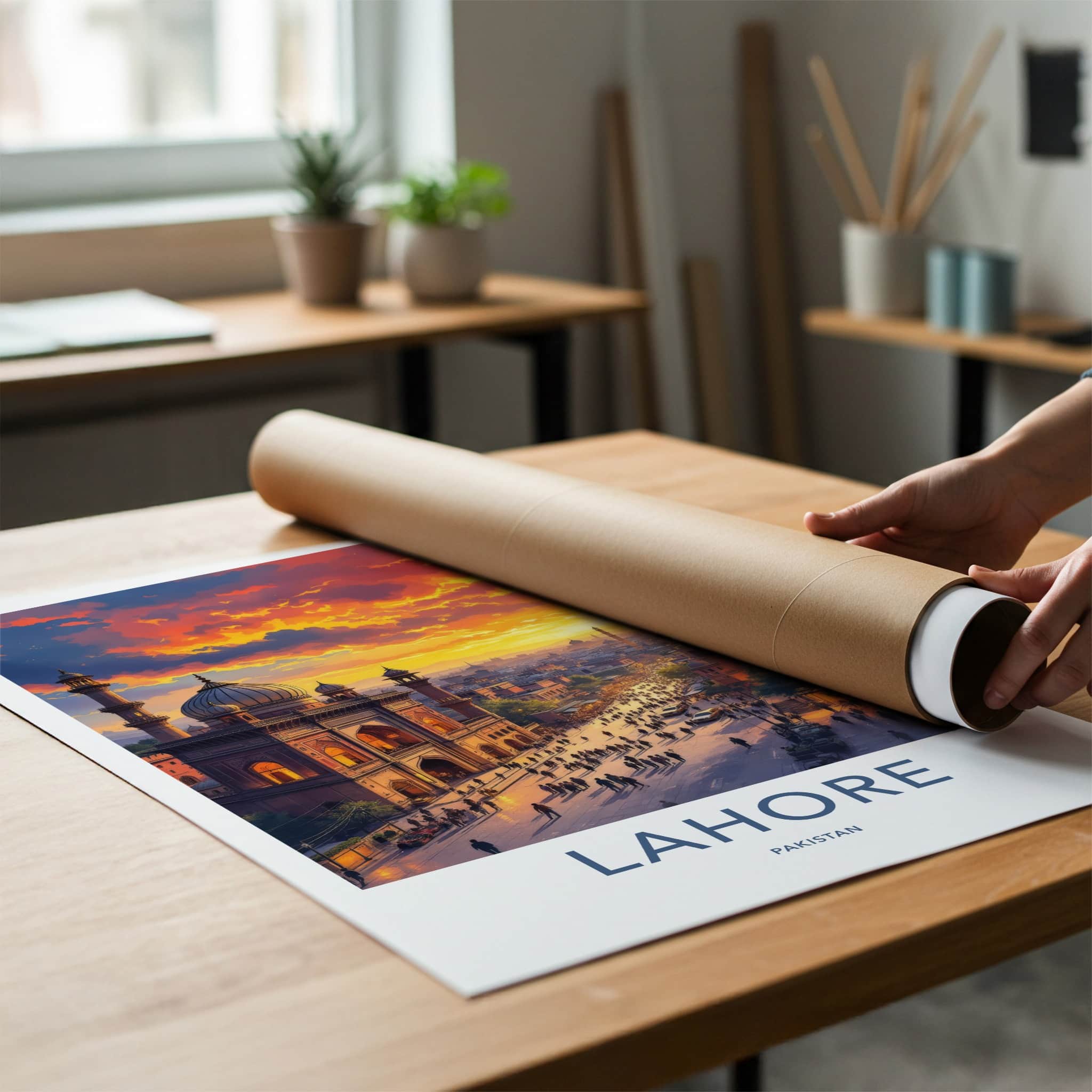 Lahore Poster - Pakistan Travel Art - Fiery Sunset Mosque Home Decor