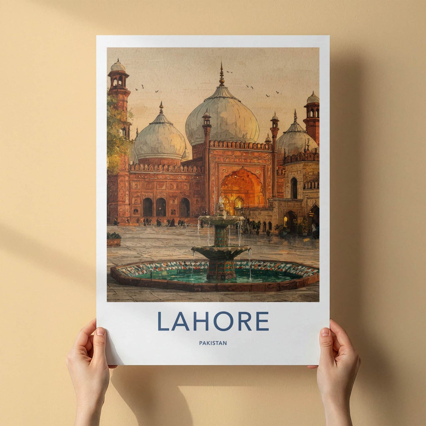 Lahore Poster - Pakistan Travel Print - Grand Mosque Fountain Home Decor