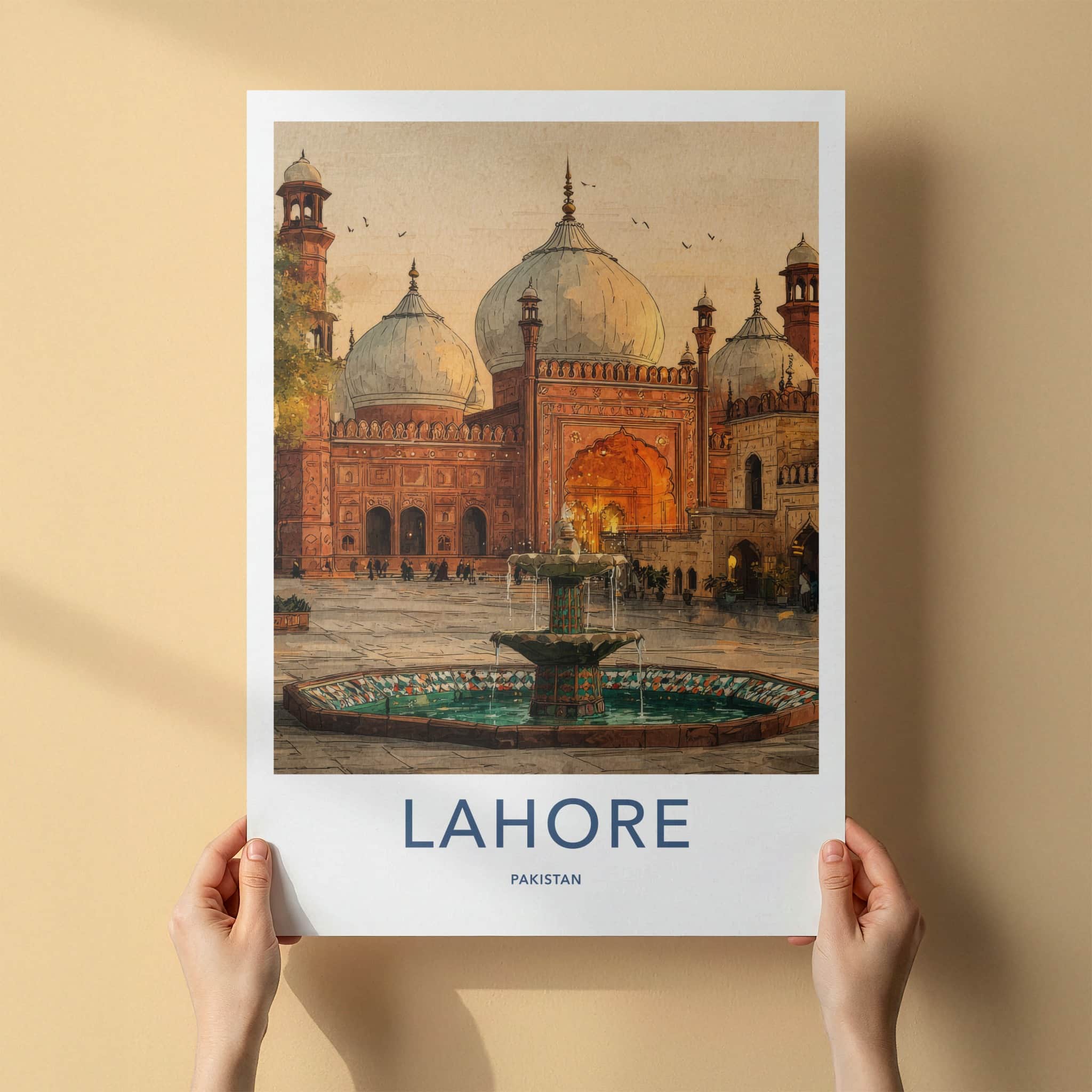 Lahore Poster - Pakistan Travel Print - Grand Mosque Fountain Home Decor