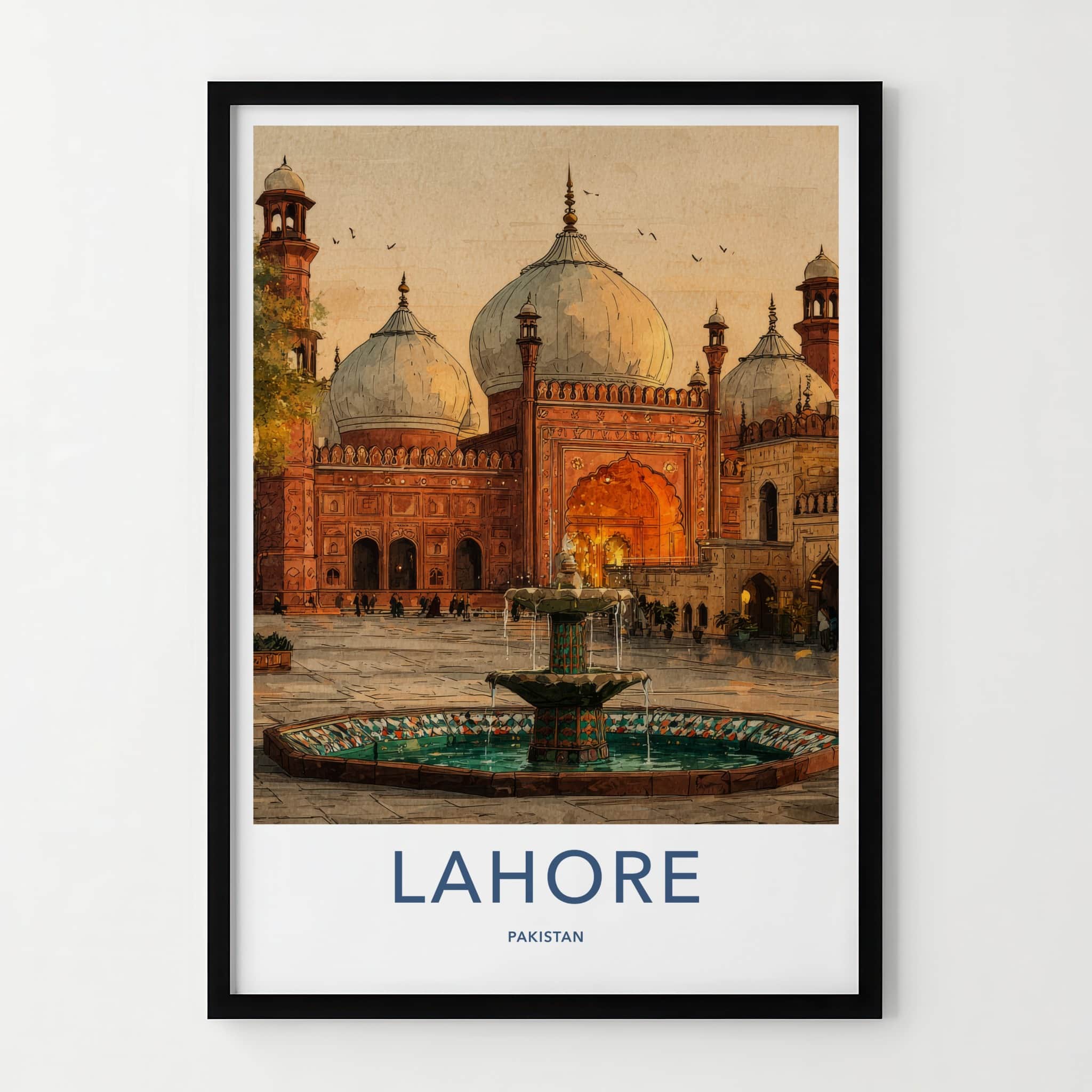 Lahore Poster - Pakistan Travel Print - Grand Mosque Fountain Home Decor