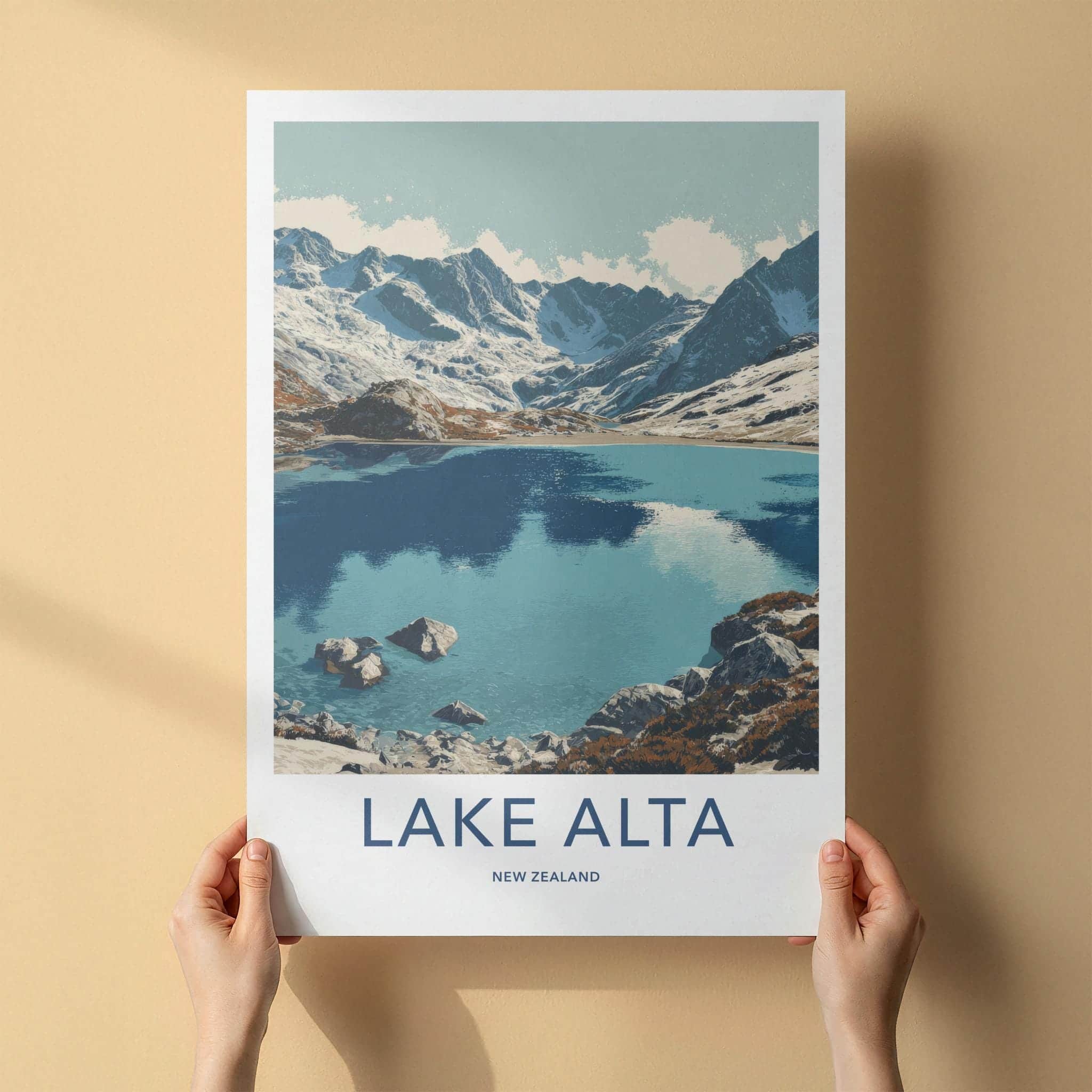Lake Alta Poster - New Zealand Travel Art - Snowy Mountain Lake Home Decor
