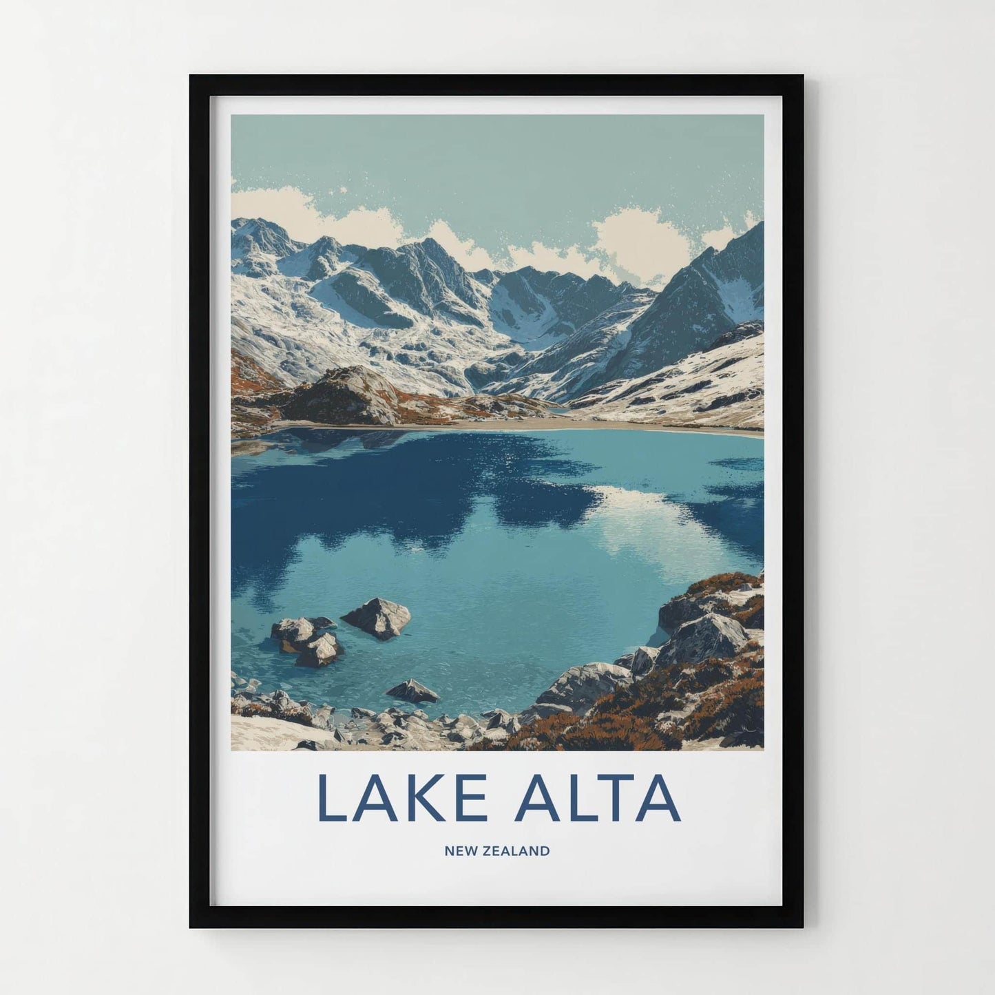 Lake Alta Poster - New Zealand Travel Art - Snowy Mountain Lake Home Decor
