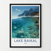 Lake Baikal Poster - Russia Travel Art - Transparent Lake Mountainscape Home Decor