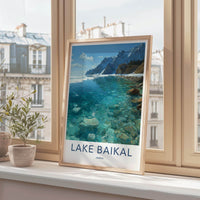 Lake Baikal Poster - Russia Travel Art - Transparent Lake Mountainscape Home Decor
