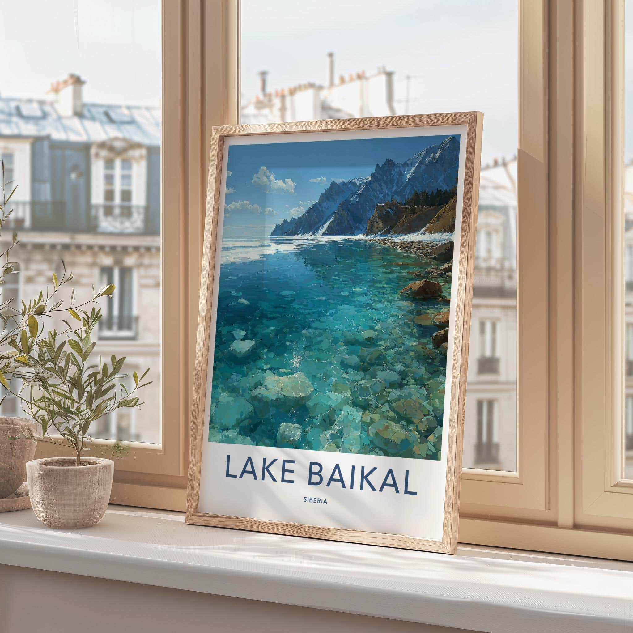 Lake Baikal Poster - Russia Travel Art - Transparent Lake Mountainscape Home Decor
