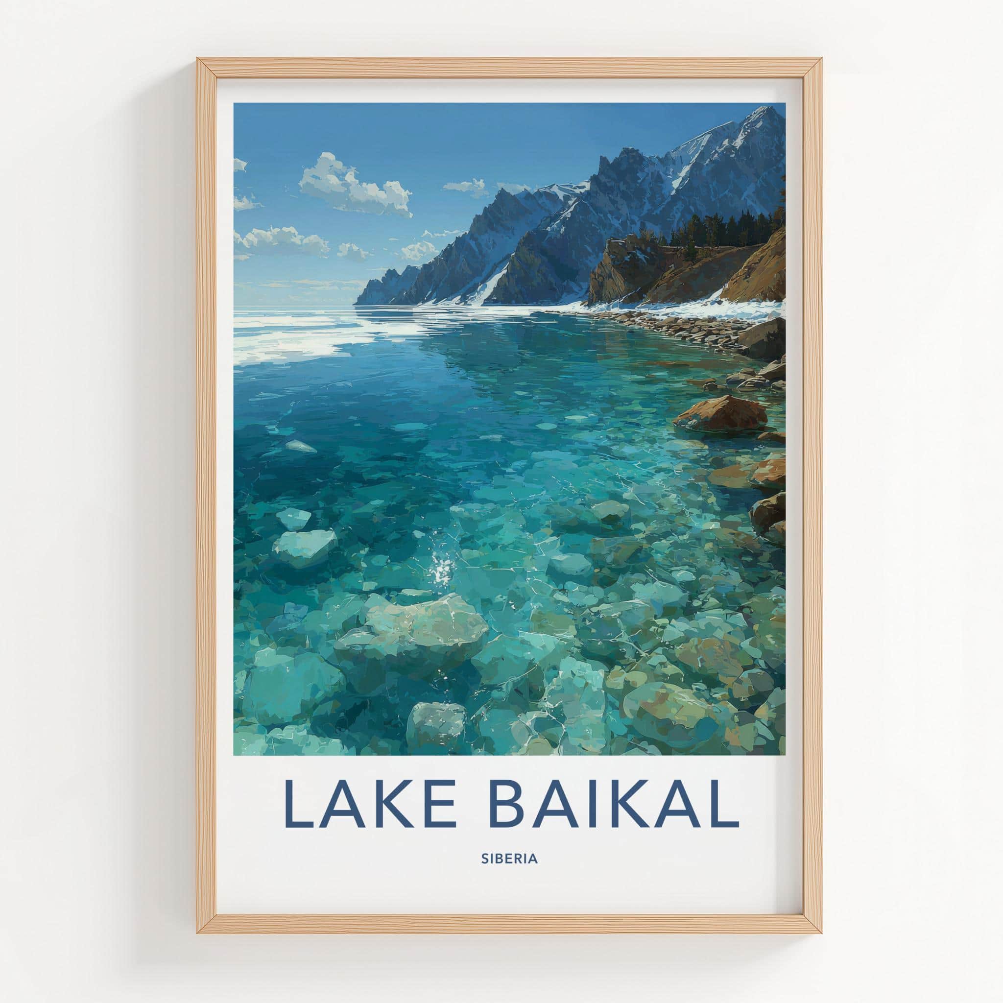 Lake Baikal Poster - Russia Travel Art - Transparent Lake Mountainscape Home Decor