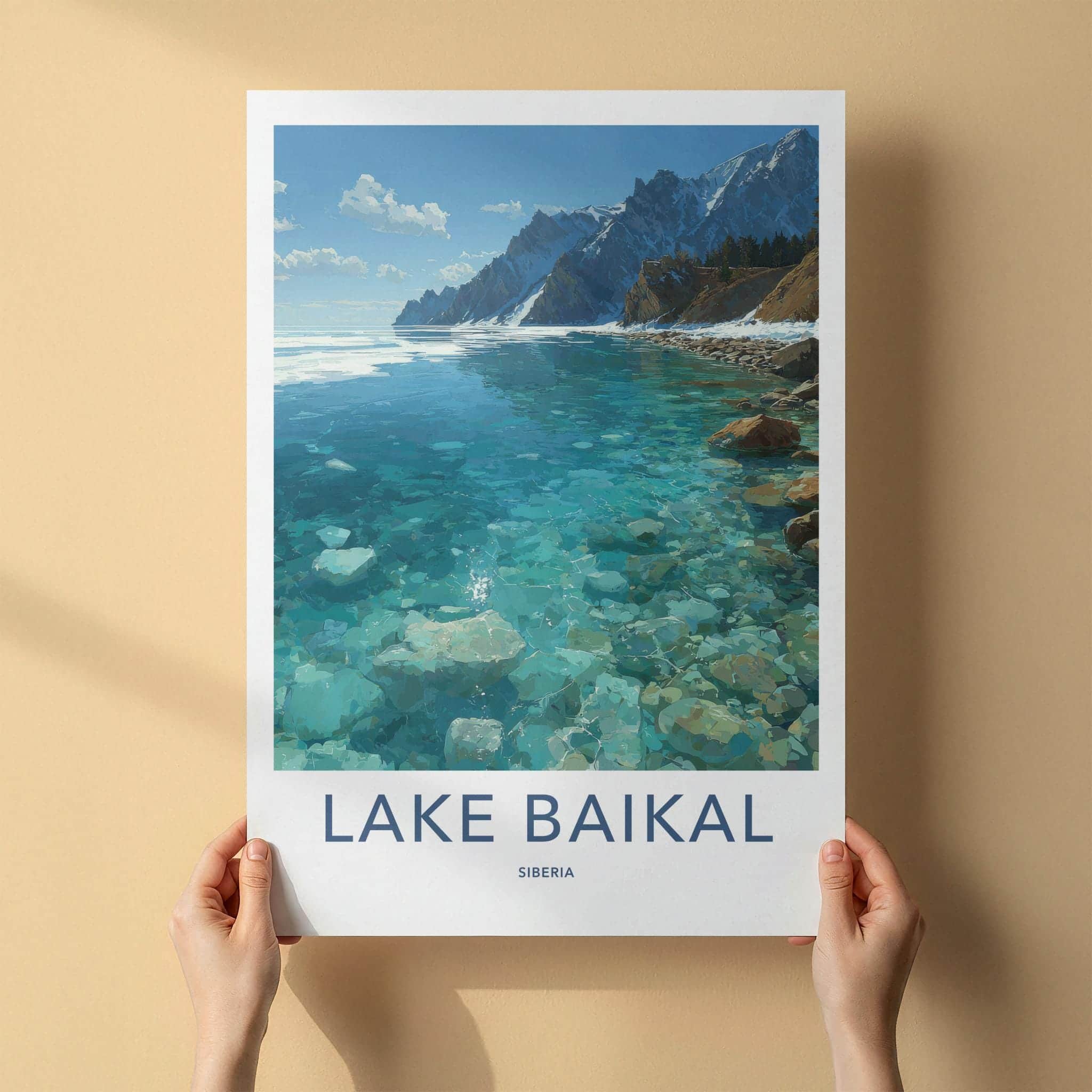 Lake Baikal Poster - Russia Travel Art - Transparent Lake Mountainscape Home Decor