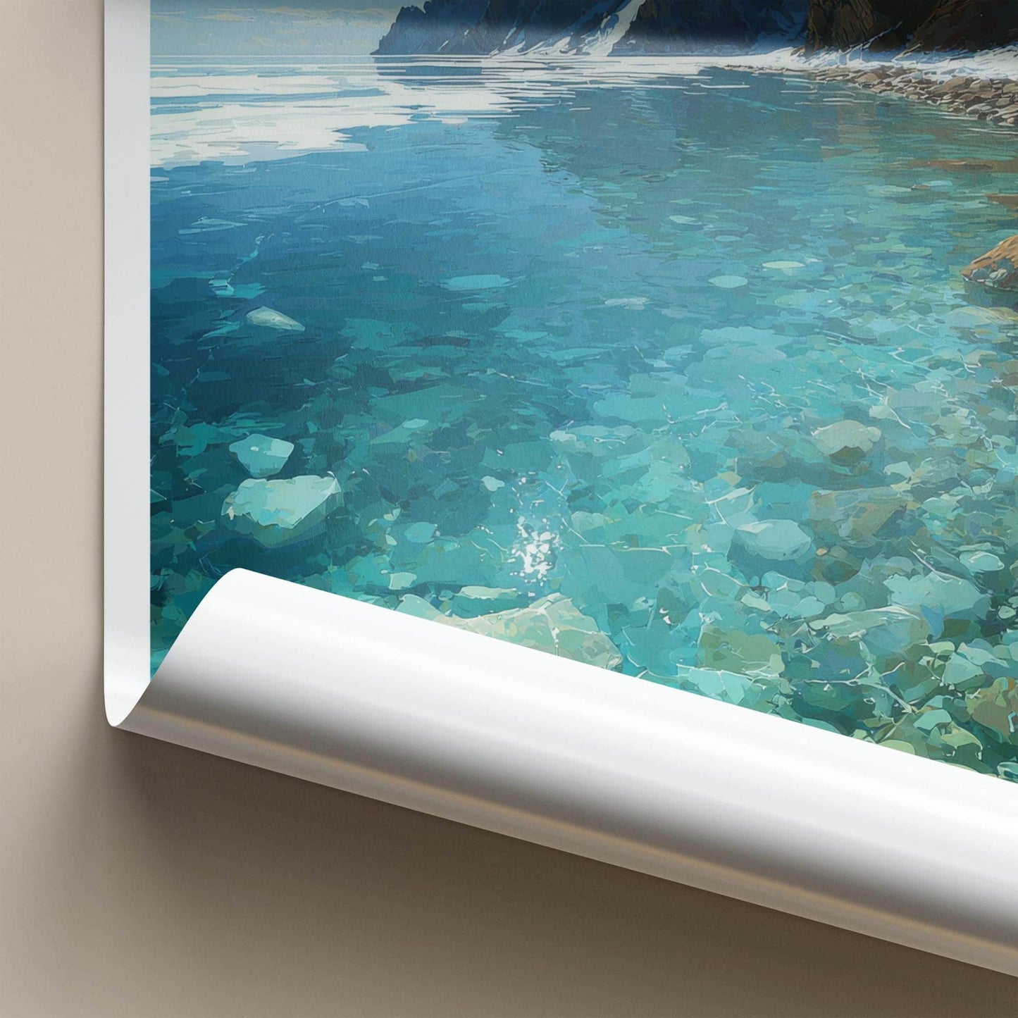 Lake Baikal Poster - Russia Travel Art - Transparent Lake Mountainscape Home Decor