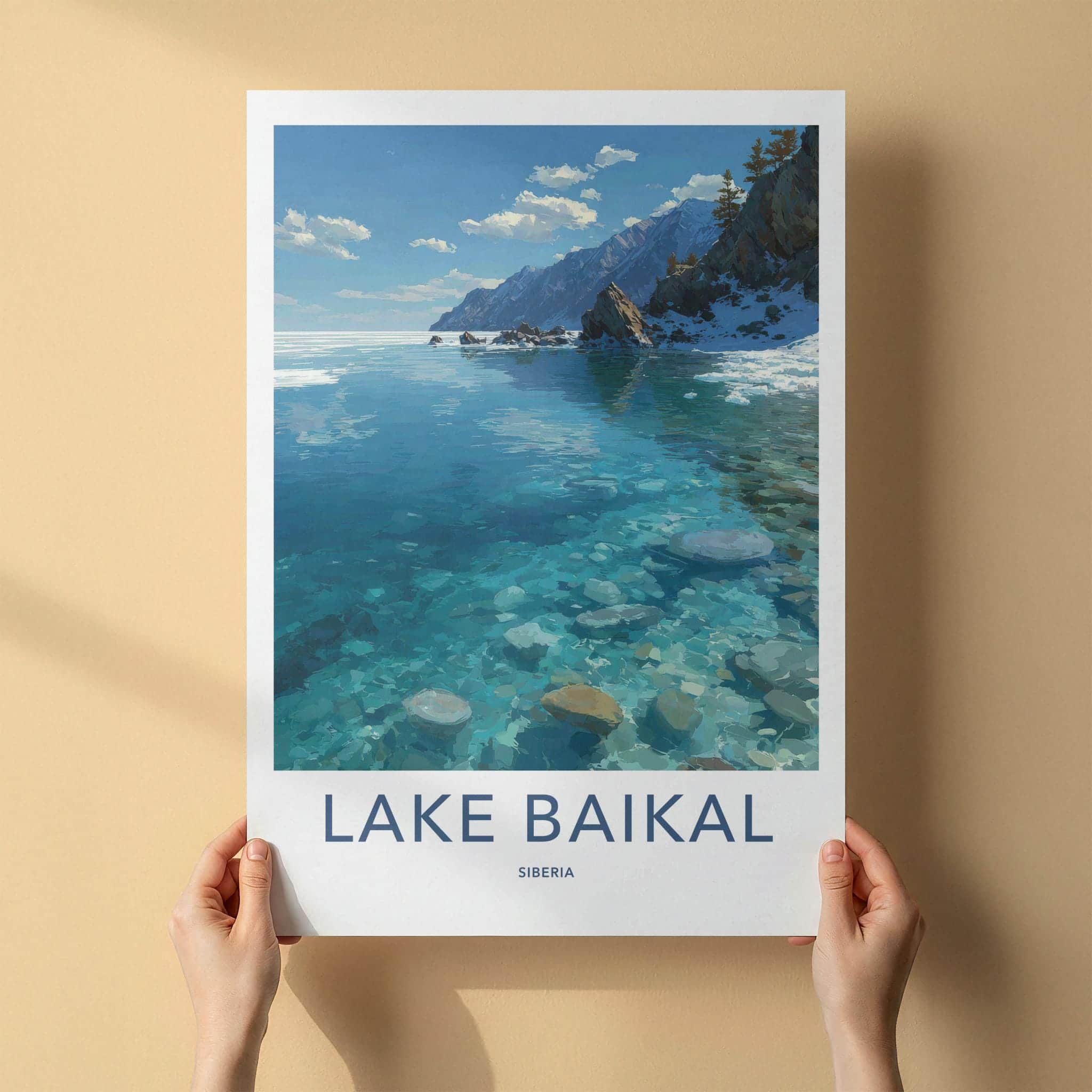 Lake Baikal Poster - Russia Travel Art - Transparent Lake Rocks Home Decor