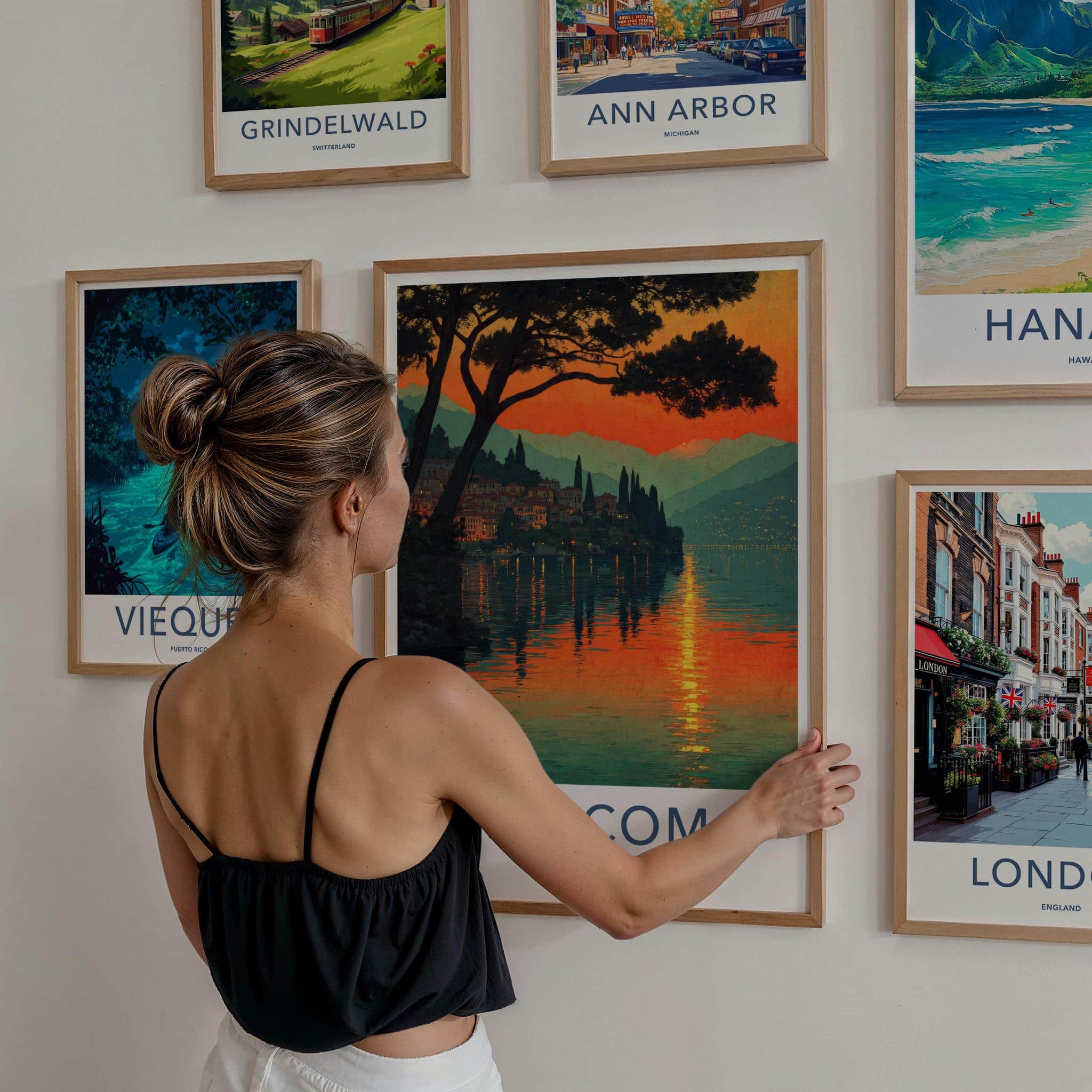 Lake Como Poster - Italy Travel Art - Sunset Village Reflection Home Decor