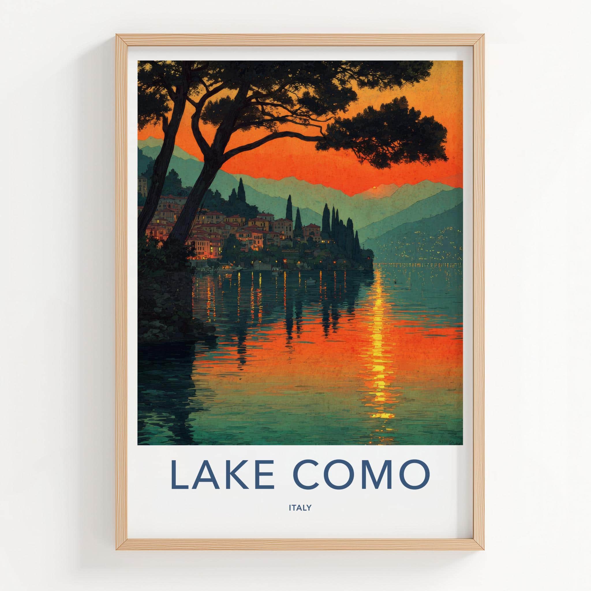 Lake Como Poster - Italy Travel Art - Sunset Village Reflection Home Decor