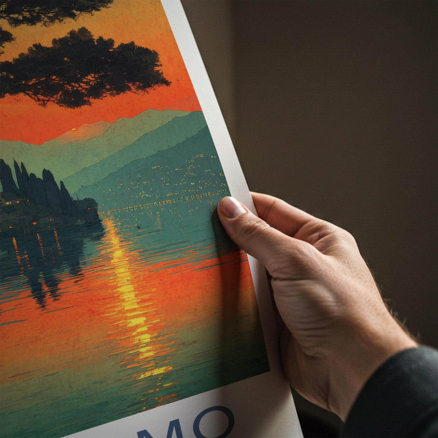 Lake Como Poster - Italy Travel Art - Sunset Village Reflection Home Decor