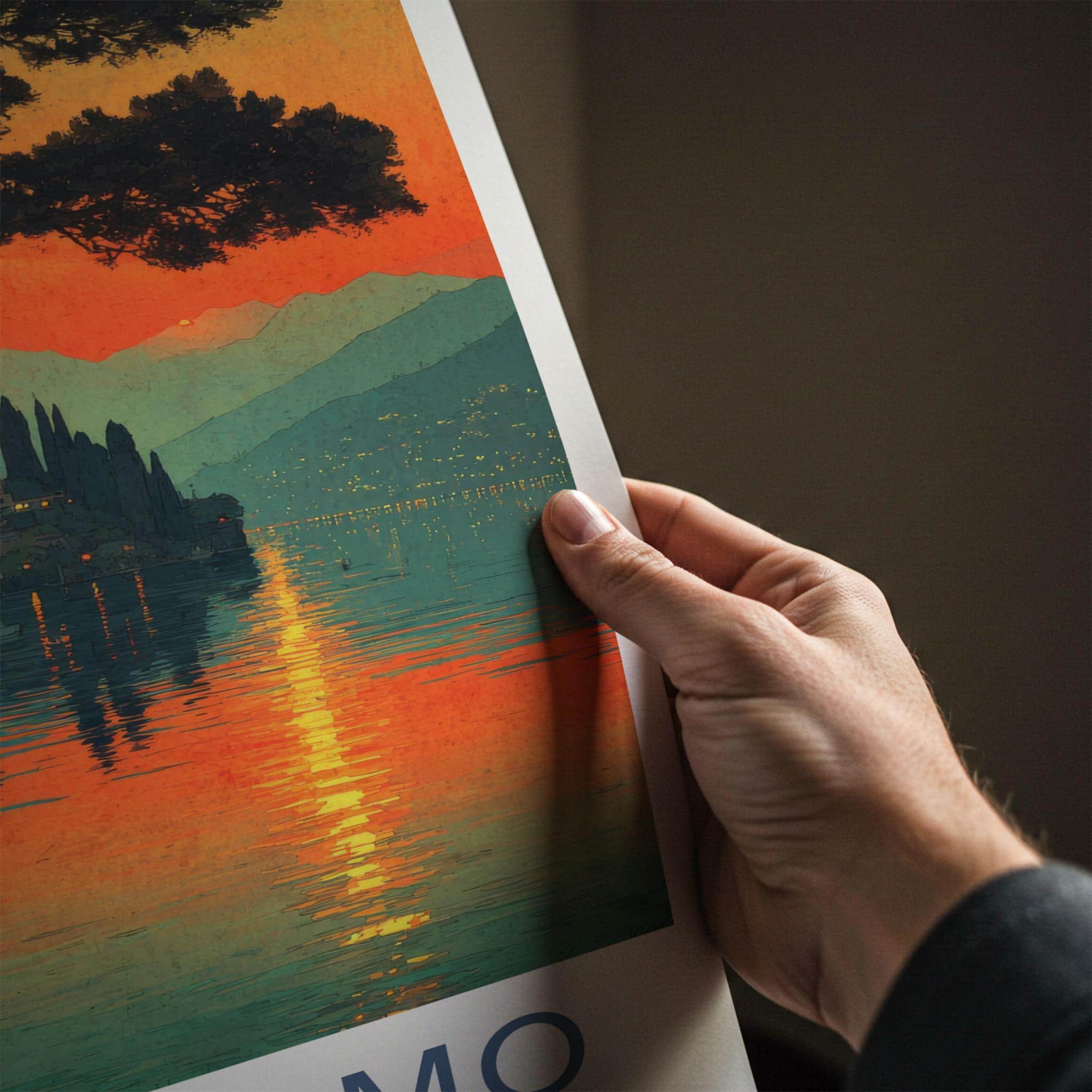 Lake Como Poster - Italy Travel Art - Sunset Village Reflection Home Decor