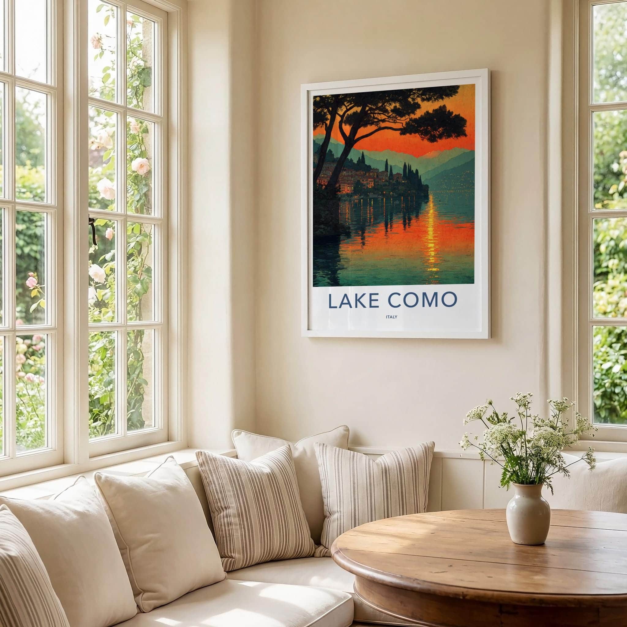Lake Como Poster - Italy Travel Art - Sunset Village Reflection Home Decor