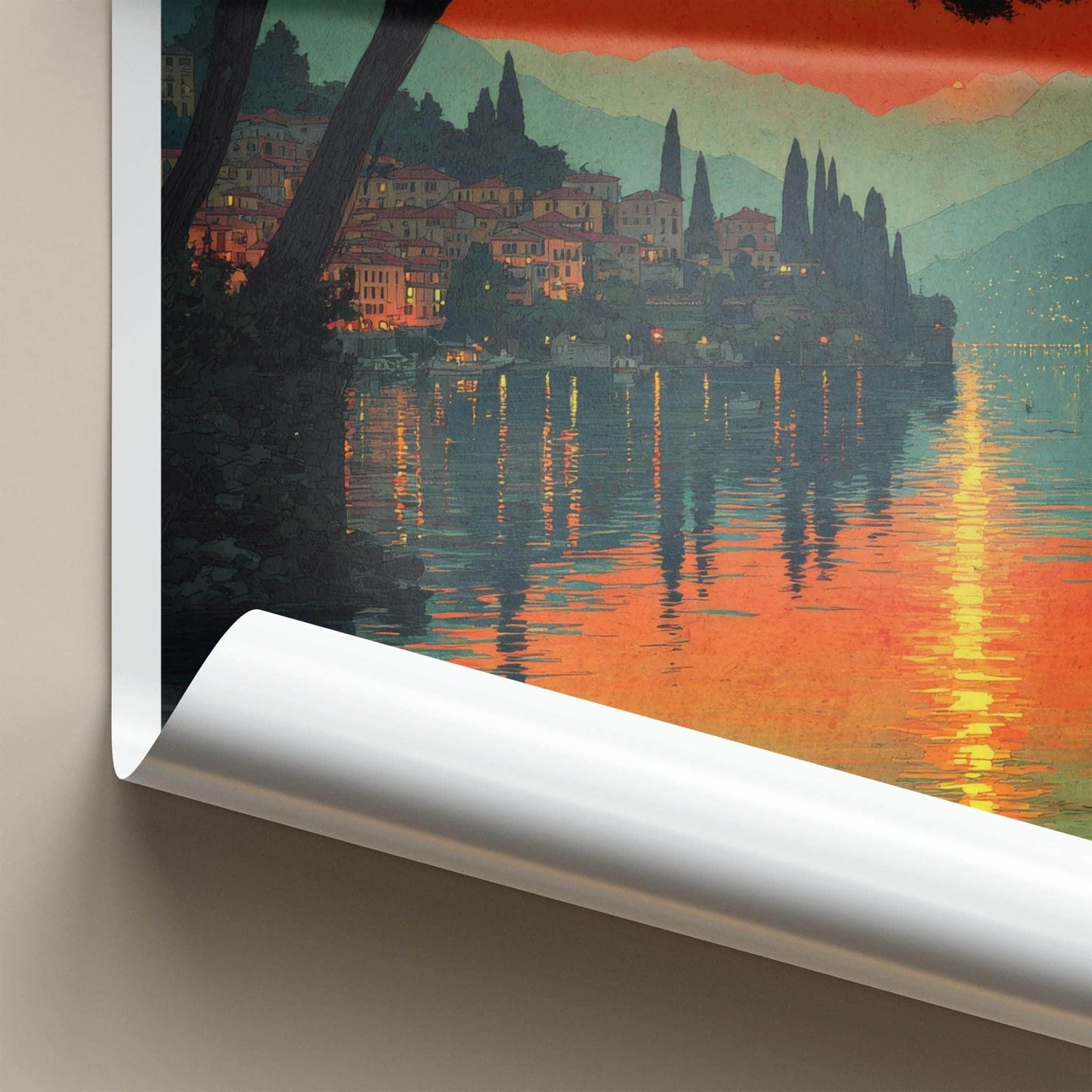 Lake Como Poster - Italy Travel Art - Sunset Village Reflection Home Decor