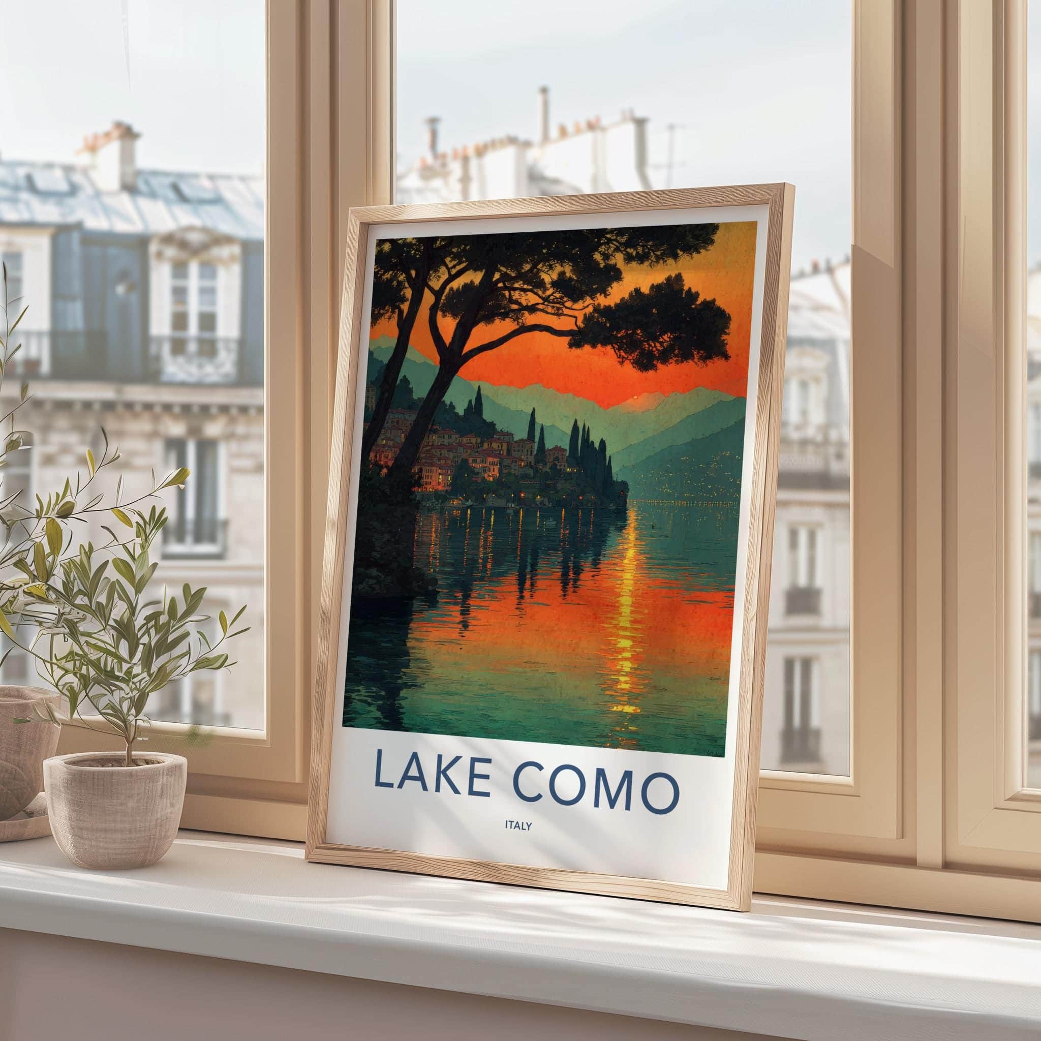 Lake Como Poster - Italy Travel Art - Sunset Village Reflection Home Decor