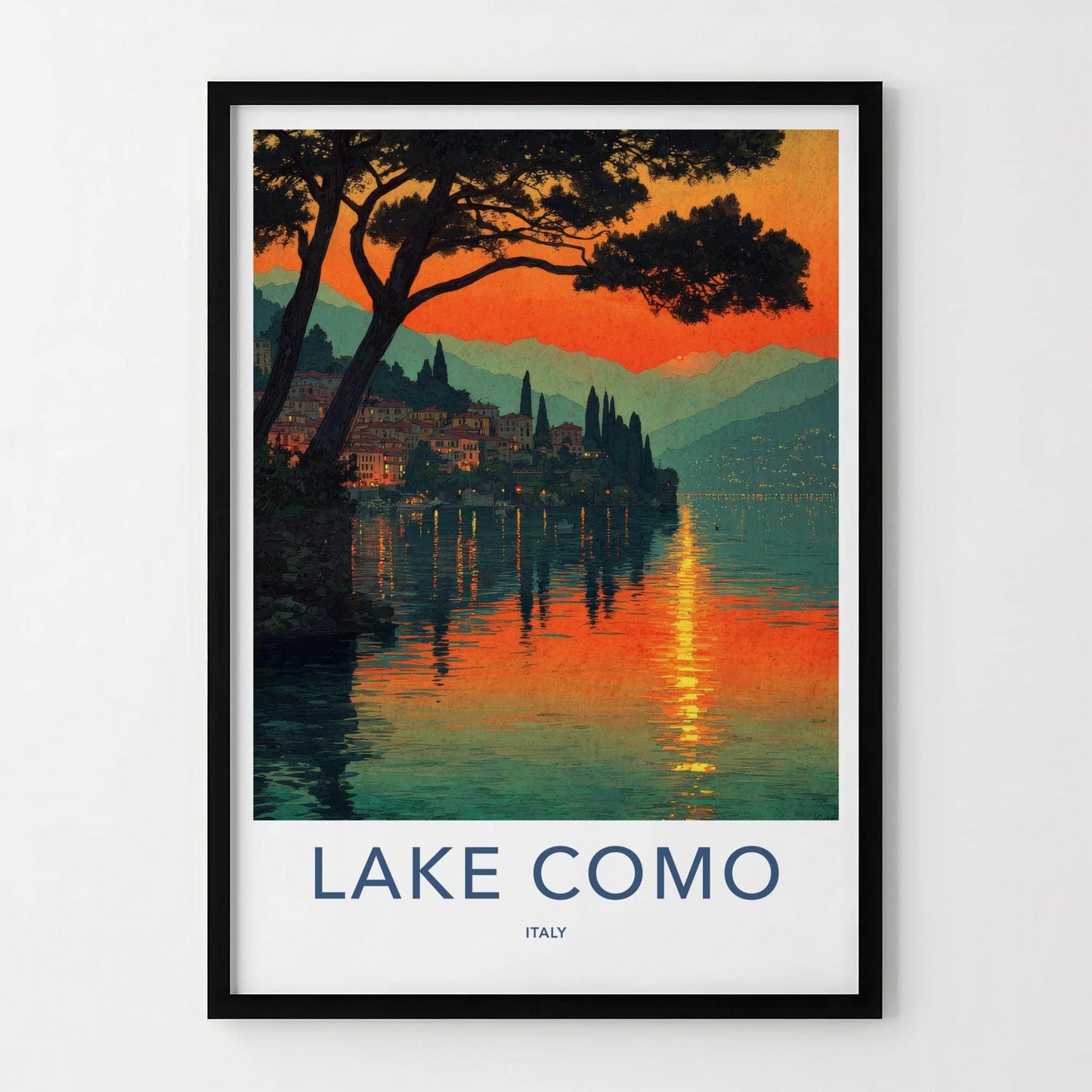 Lake Como Poster - Italy Travel Art - Sunset Village Reflection Home Decor