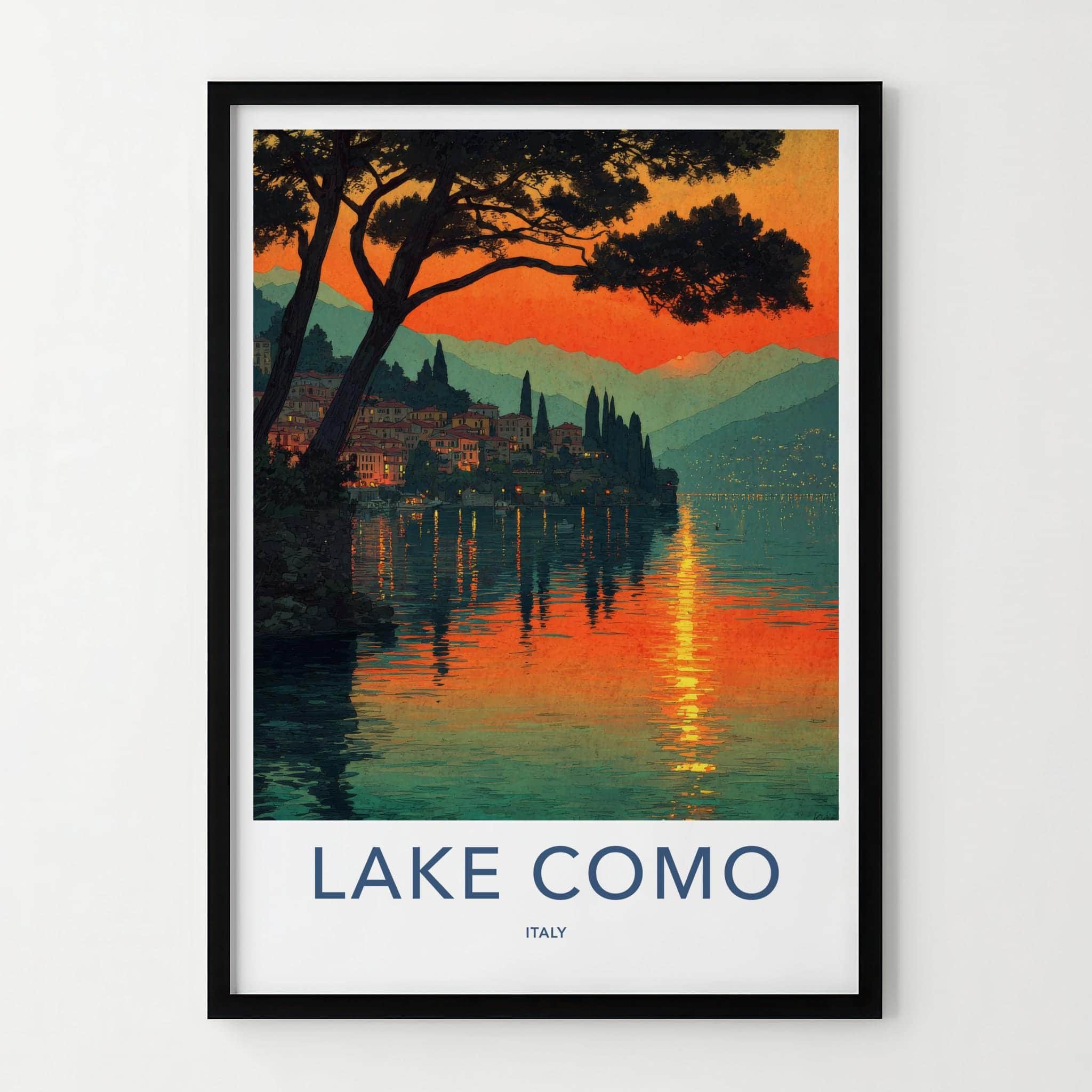 Lake Como Poster - Italy Travel Art - Sunset Village Reflection Home Decor