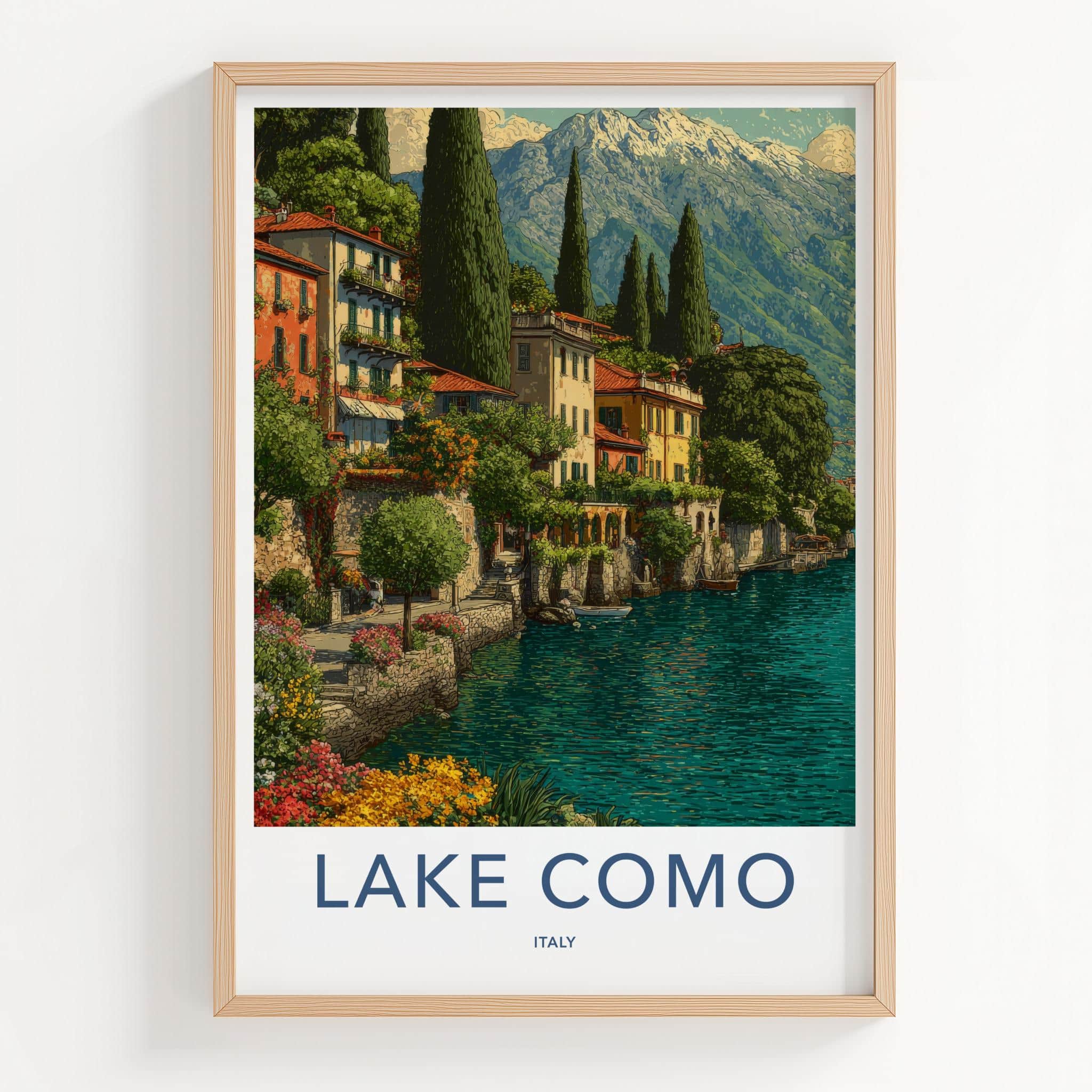 Lake Como Poster - Italy Travel Art - Terraced Homes Mountain Home Decor