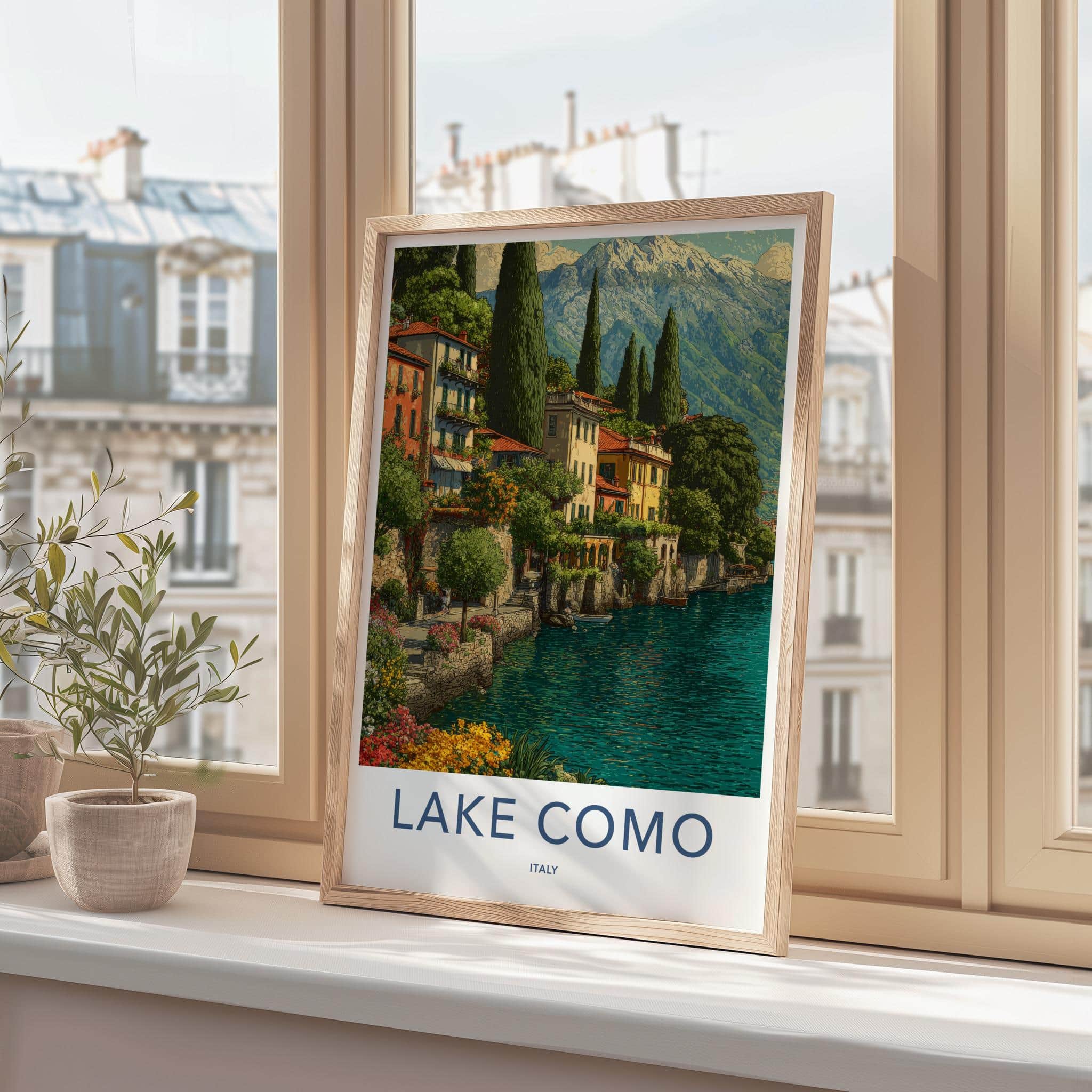Lake Como Poster - Italy Travel Art - Terraced Homes Mountain Home Decor