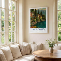 Lake Como Poster - Italy Travel Art - Terraced Homes Mountain Home Decor